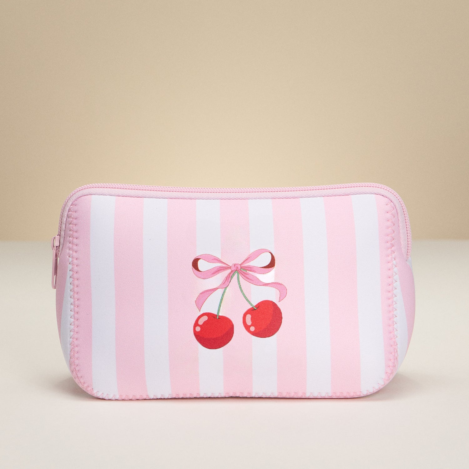 Chic Cherry Bow Stripe Neoprene Makeup Bag