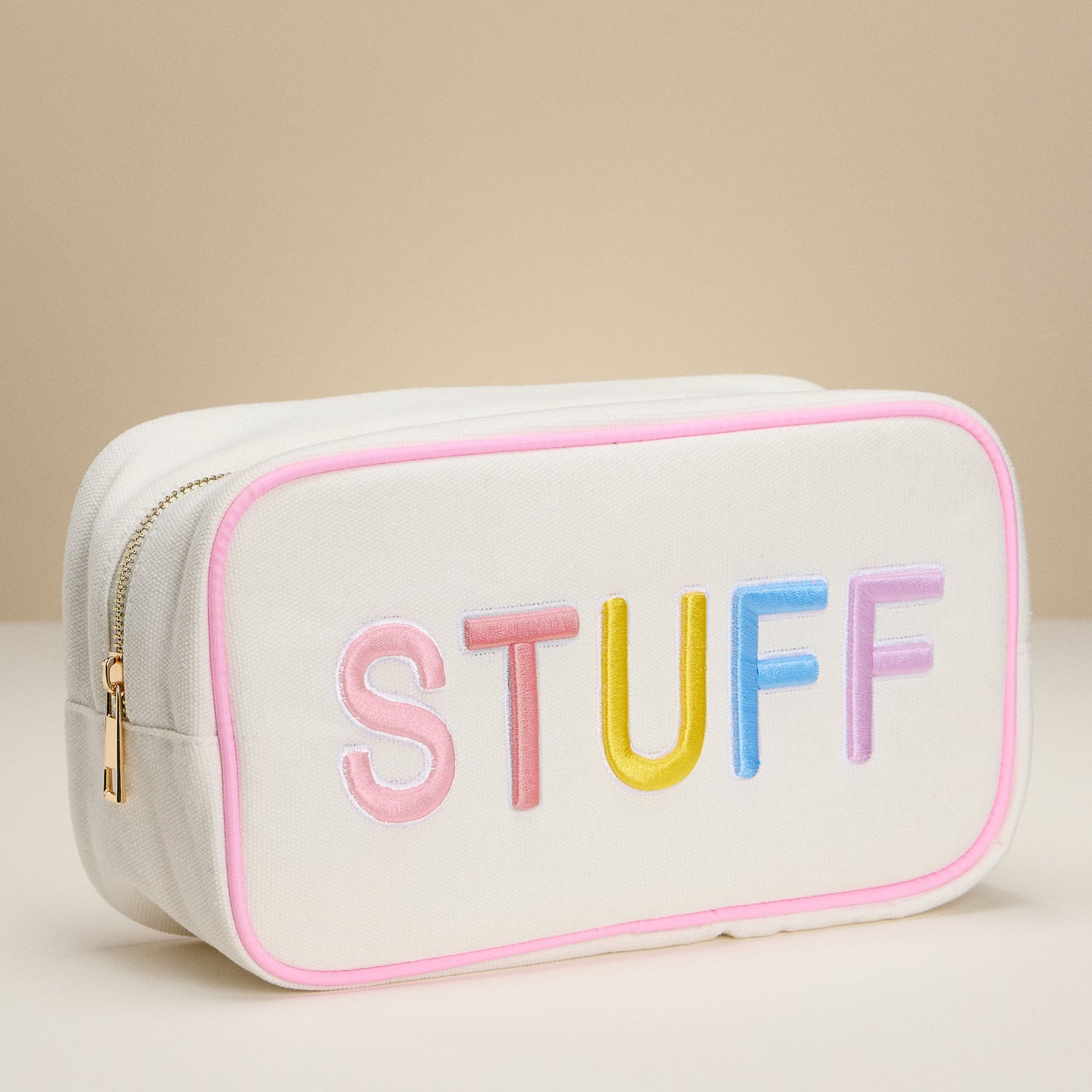 Stylish Canvas Pouch with Rainbow "STUFF" Embroidery