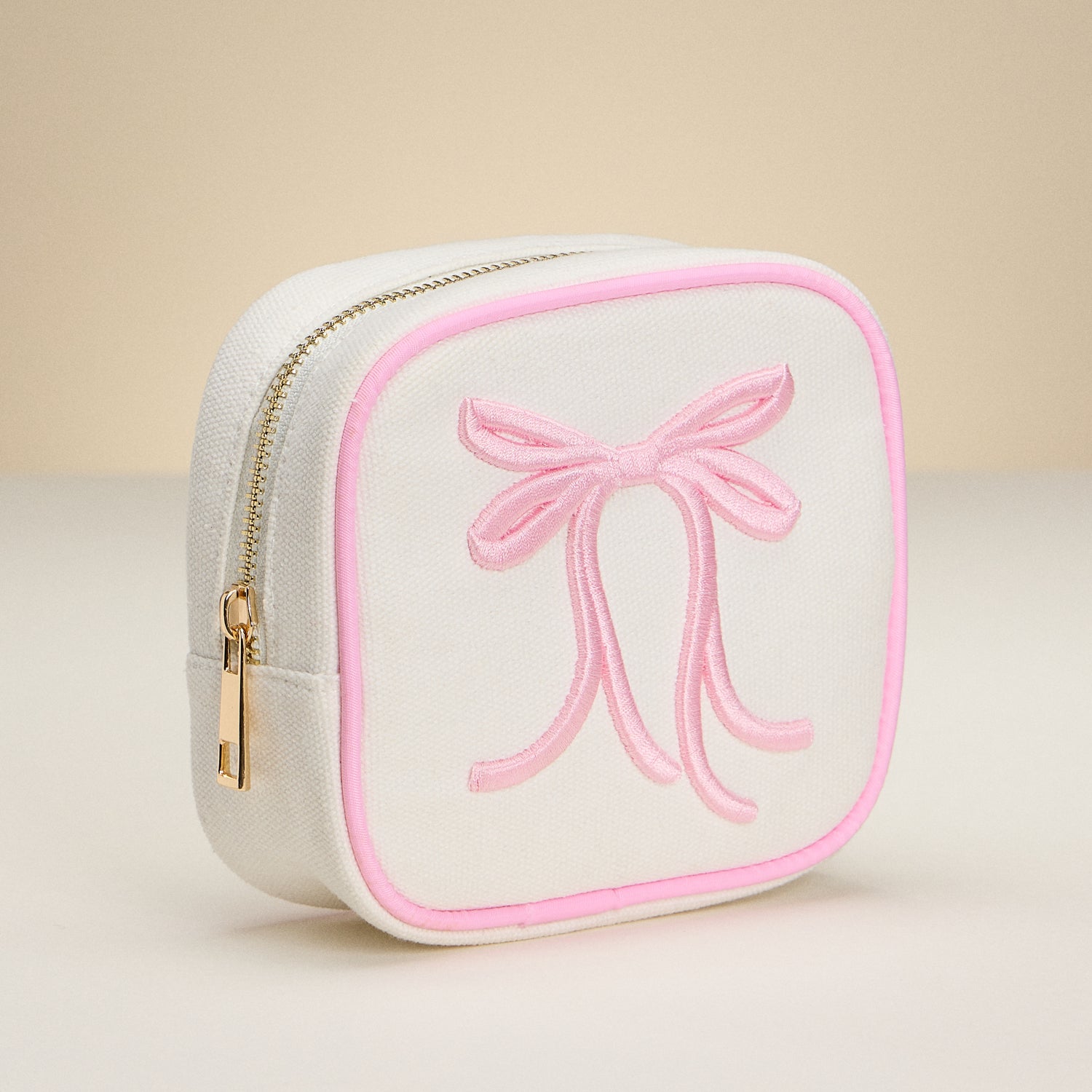 Elegant Canvas Bow Pouch with Pink Trim