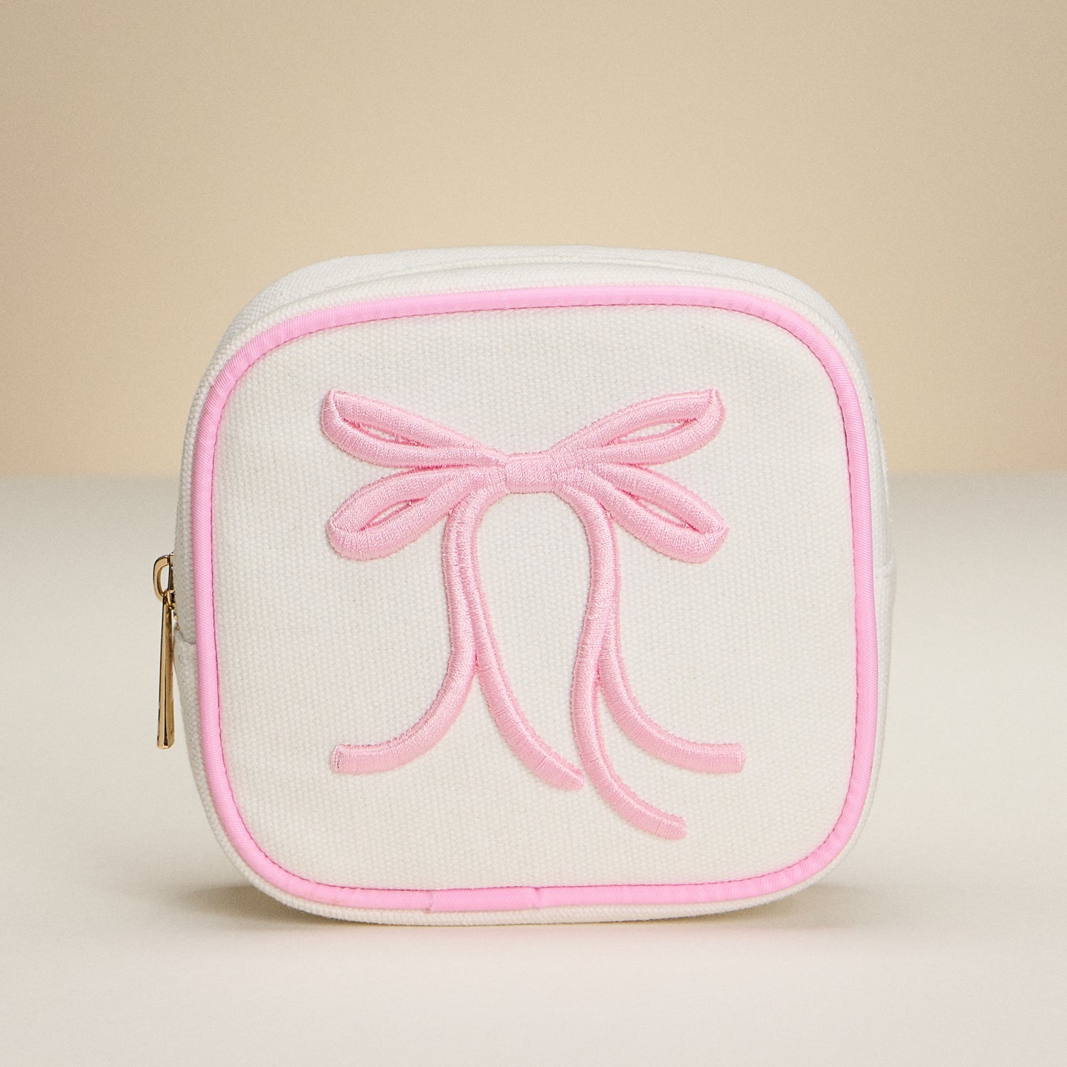 Elegant Canvas Bow Pouch with Pink Trim