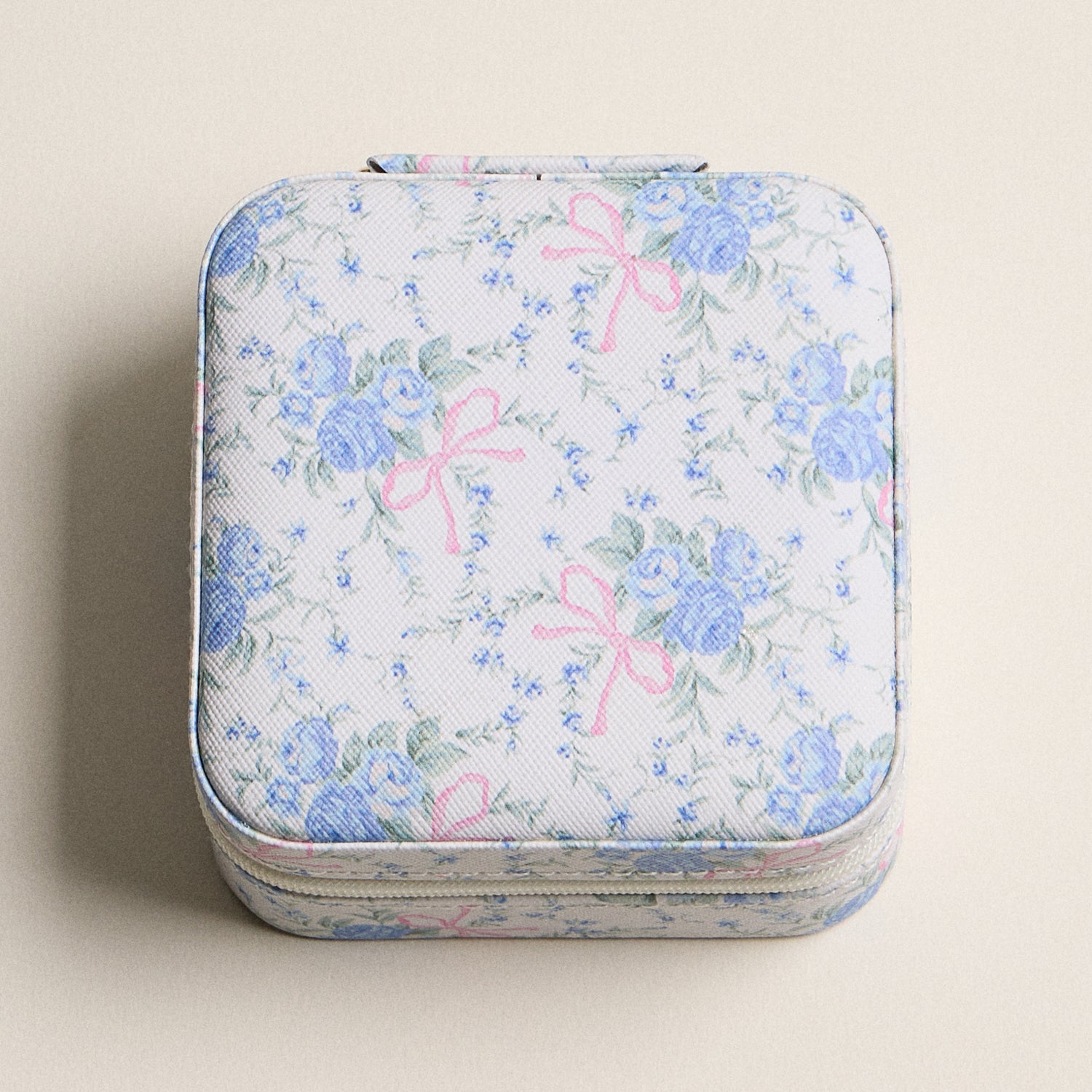 Blue Floral with Pink Bow Jewelry Box - Travel Size