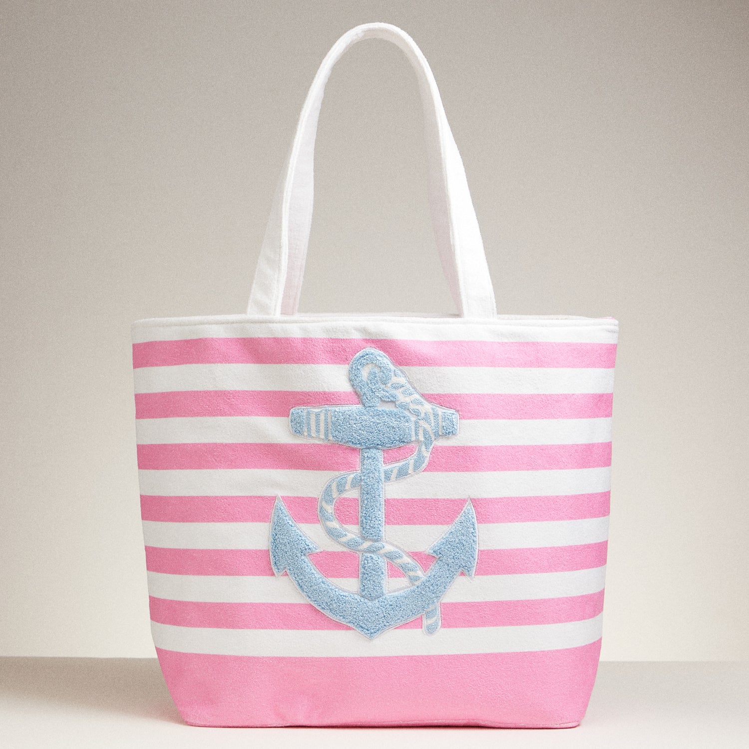 Large Beach Tote with Terry Stripe Print and Anchor Patch