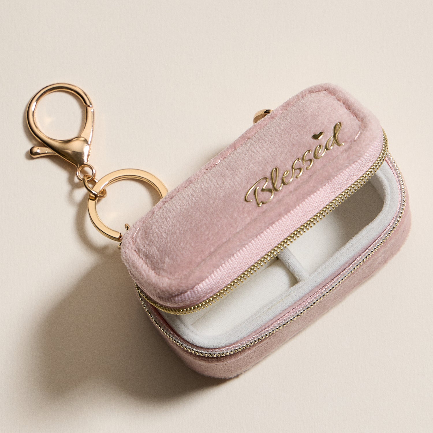 Mini Jewelry Travel Case with Keychain – Pink Velvet “Blessed” Design