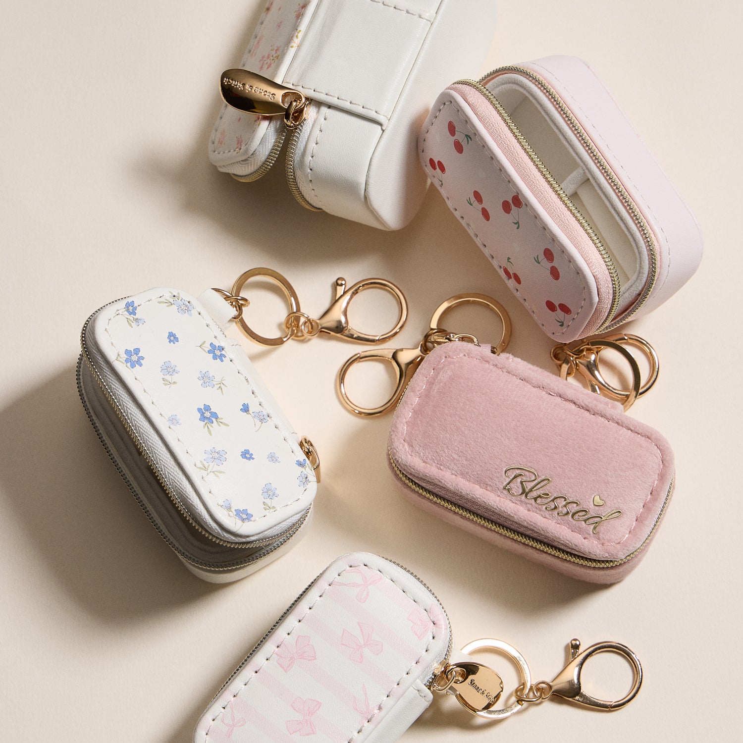 Mini Jewelry Travel Case with Keychain – Pink Velvet “Blessed” Design