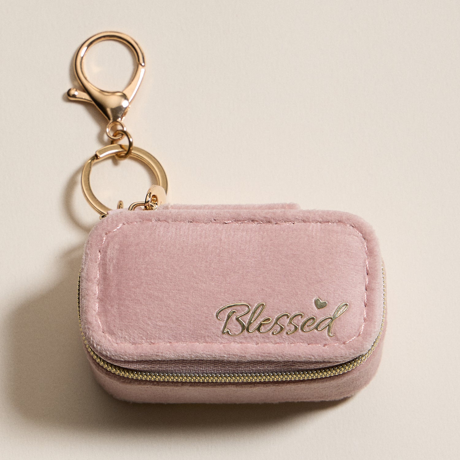 Mini Jewelry Travel Case with Keychain – Pink Velvet “Blessed” Design