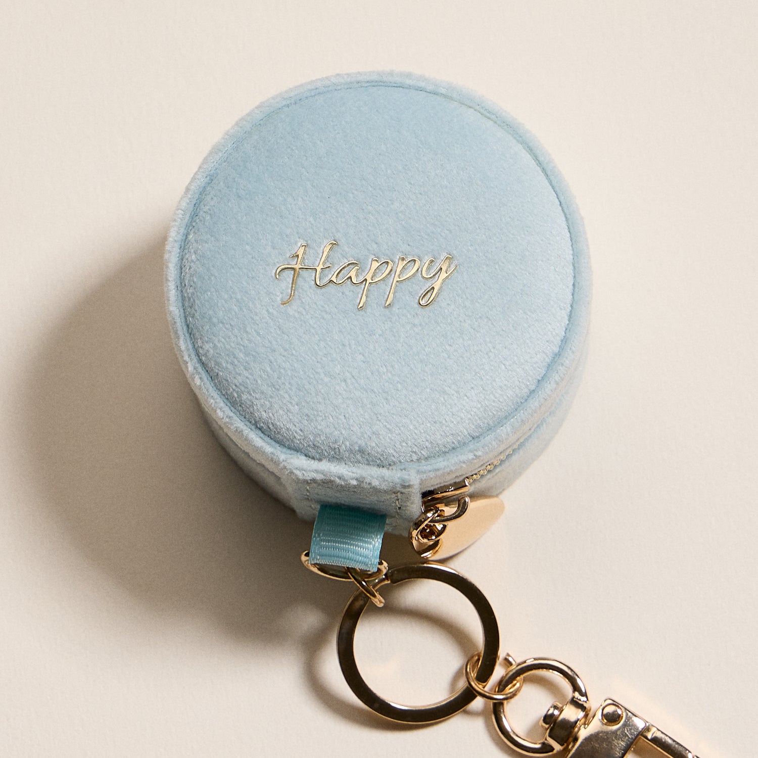 Mini Round Jewelry Travel Case with Keychain – Blue Velvet "Happy" Design