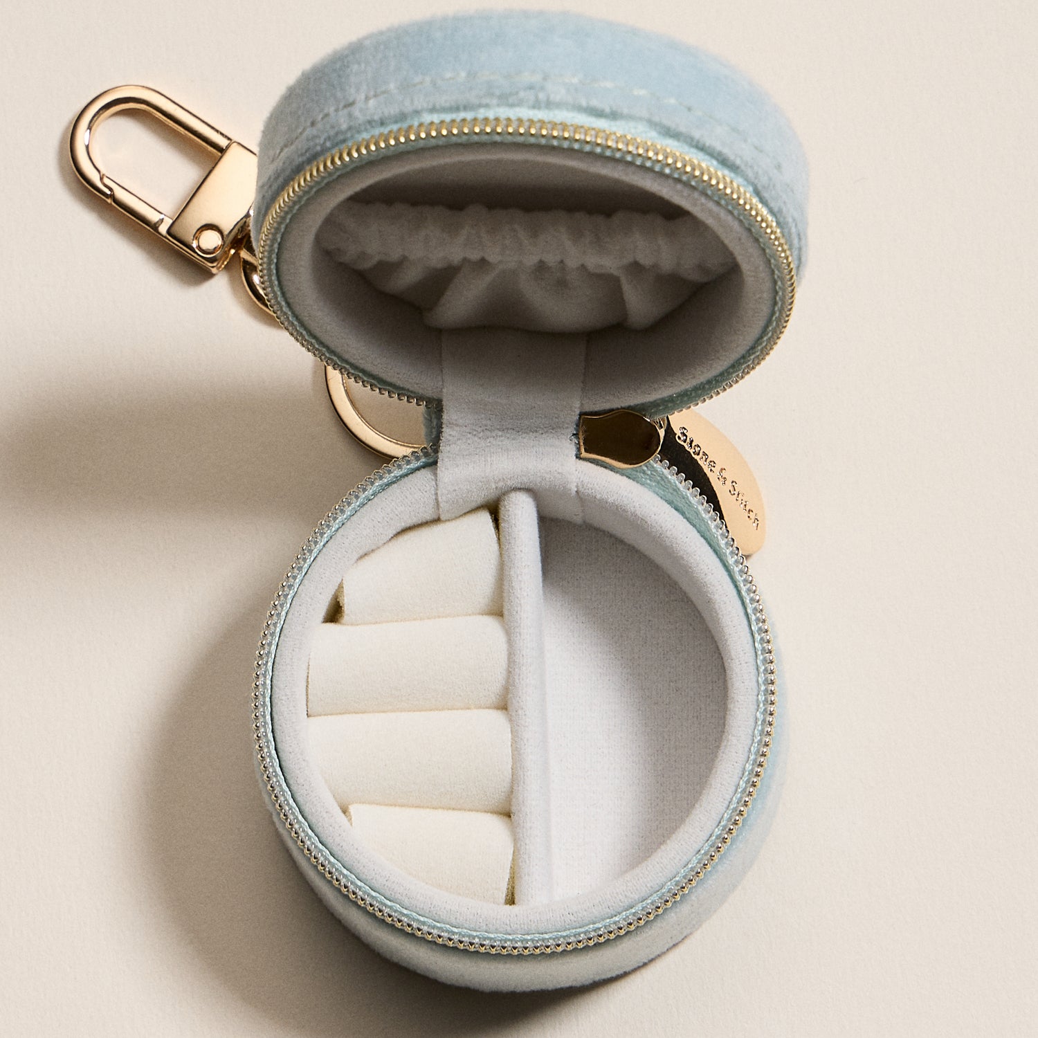 Mini Round Jewelry Travel Case with Keychain – Blue Velvet "Happy" Design