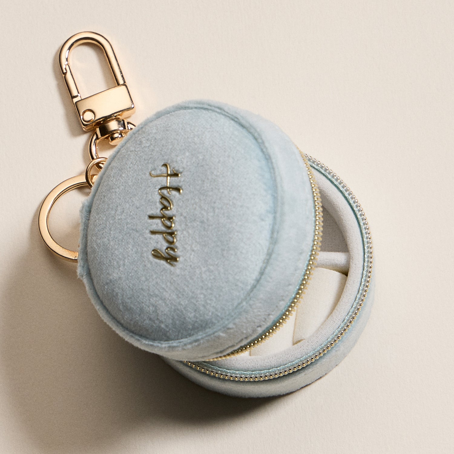 Mini Round Jewelry Travel Case with Keychain – Blue Velvet "Happy" Design
