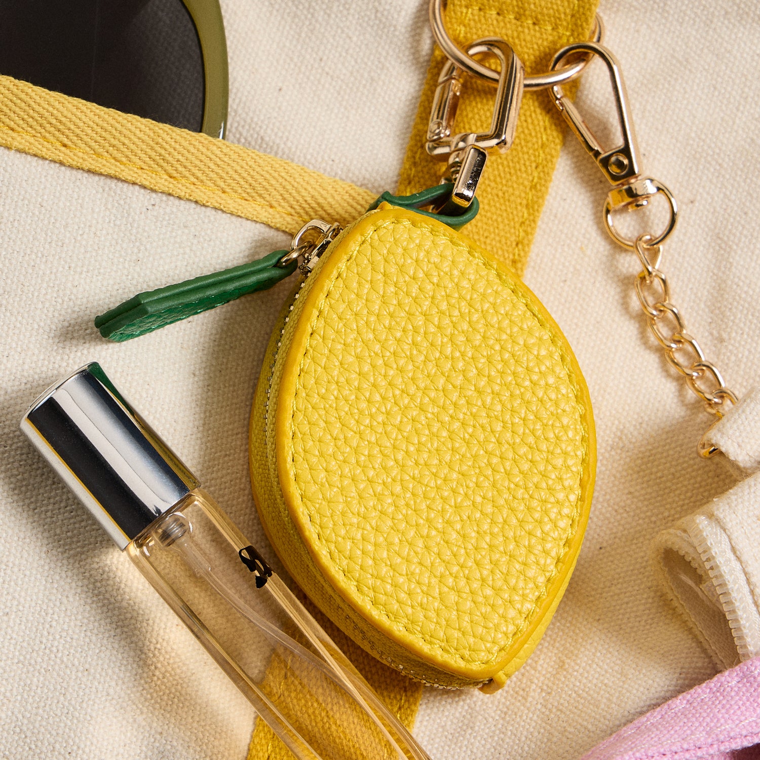 Lemon-Shaped Leather Pouch Keychain with Gold Clasp