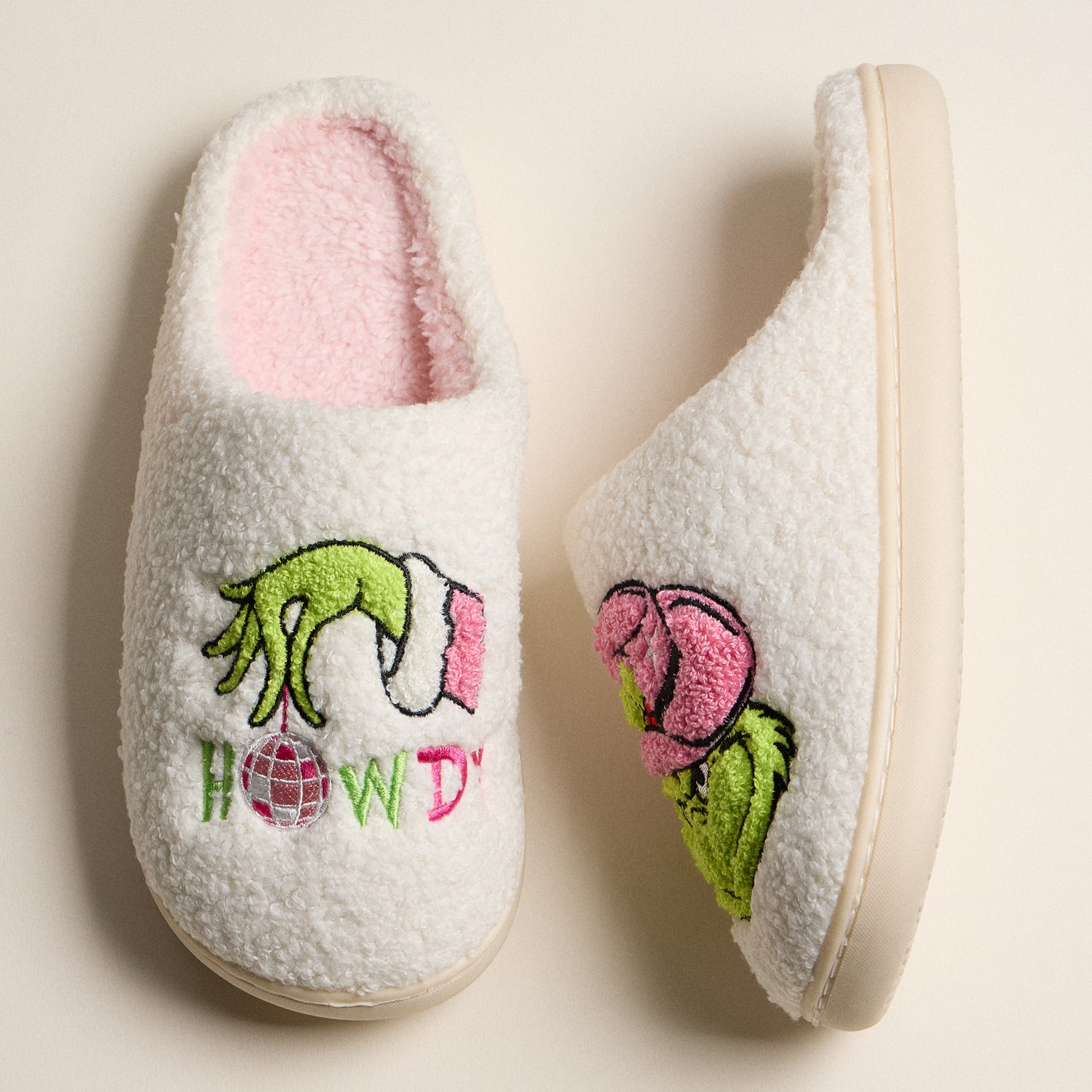 Plush Holiday Slippers with Playful Green Monster Embroidery
