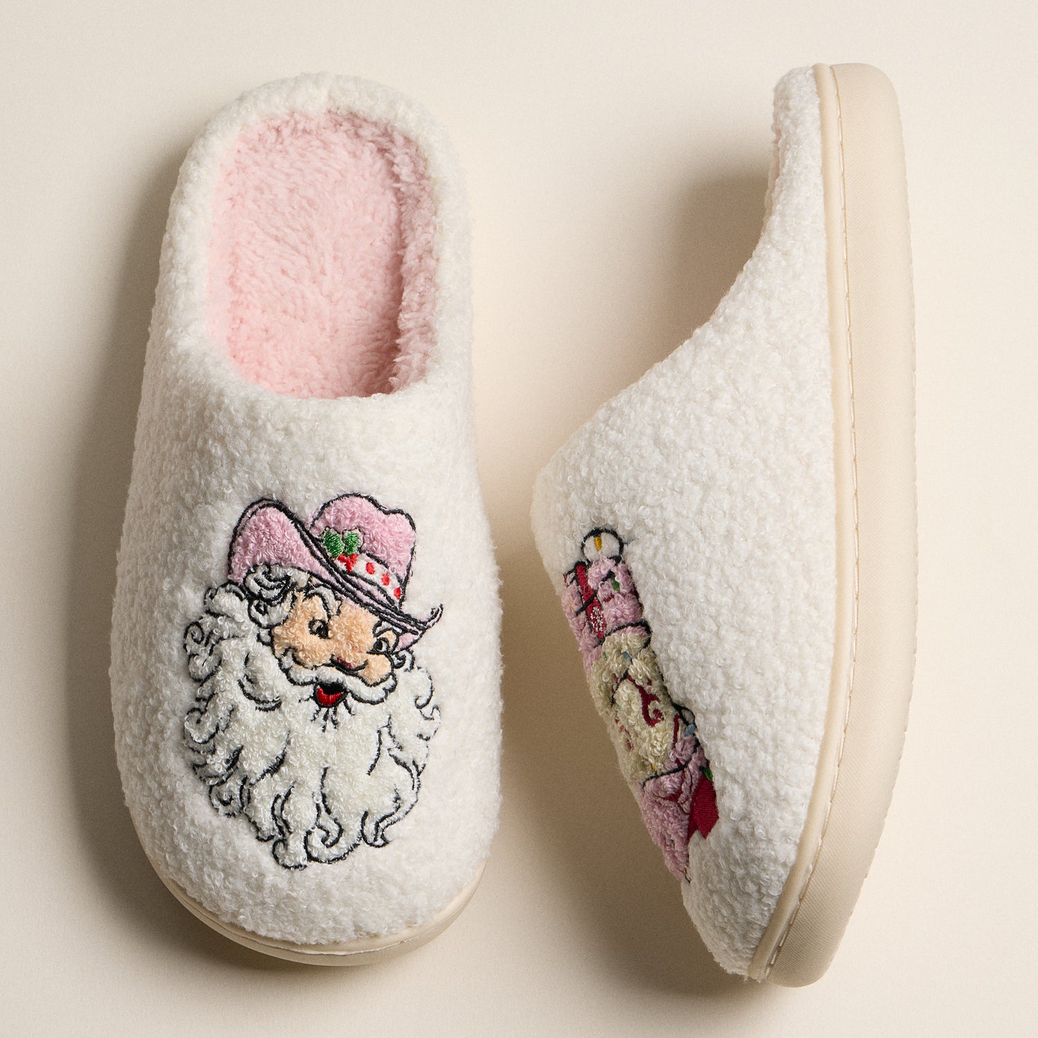 Plush Holiday Slippers with Embroidered Cowboy Santa and Classic Boot Motif