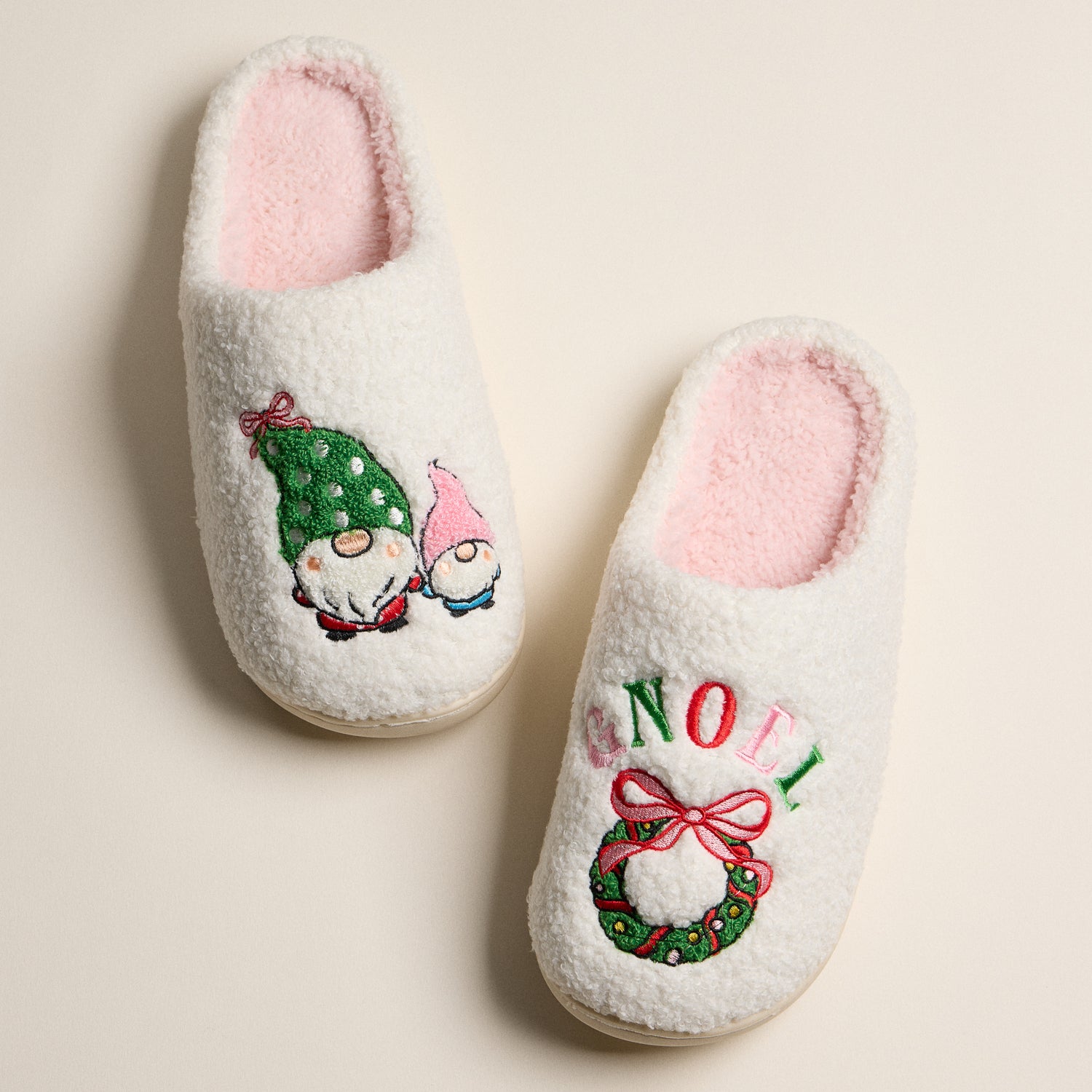 Plush Holiday Slippers Embroidered with Festive Gnome and GNOEL Wreath