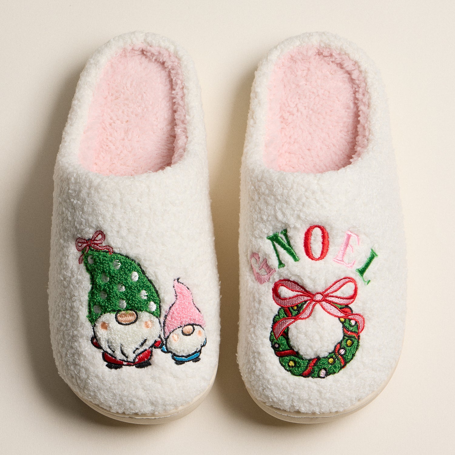 Plush Holiday Slippers Embroidered with Festive Gnome and GNOEL Wreath