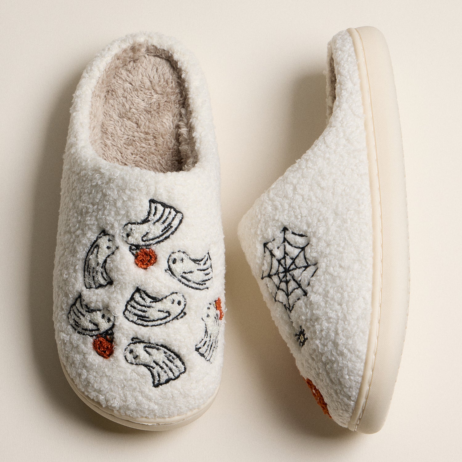 Plush Halloween Slippers with Delicate Ghost and Spiderweb Embroidery