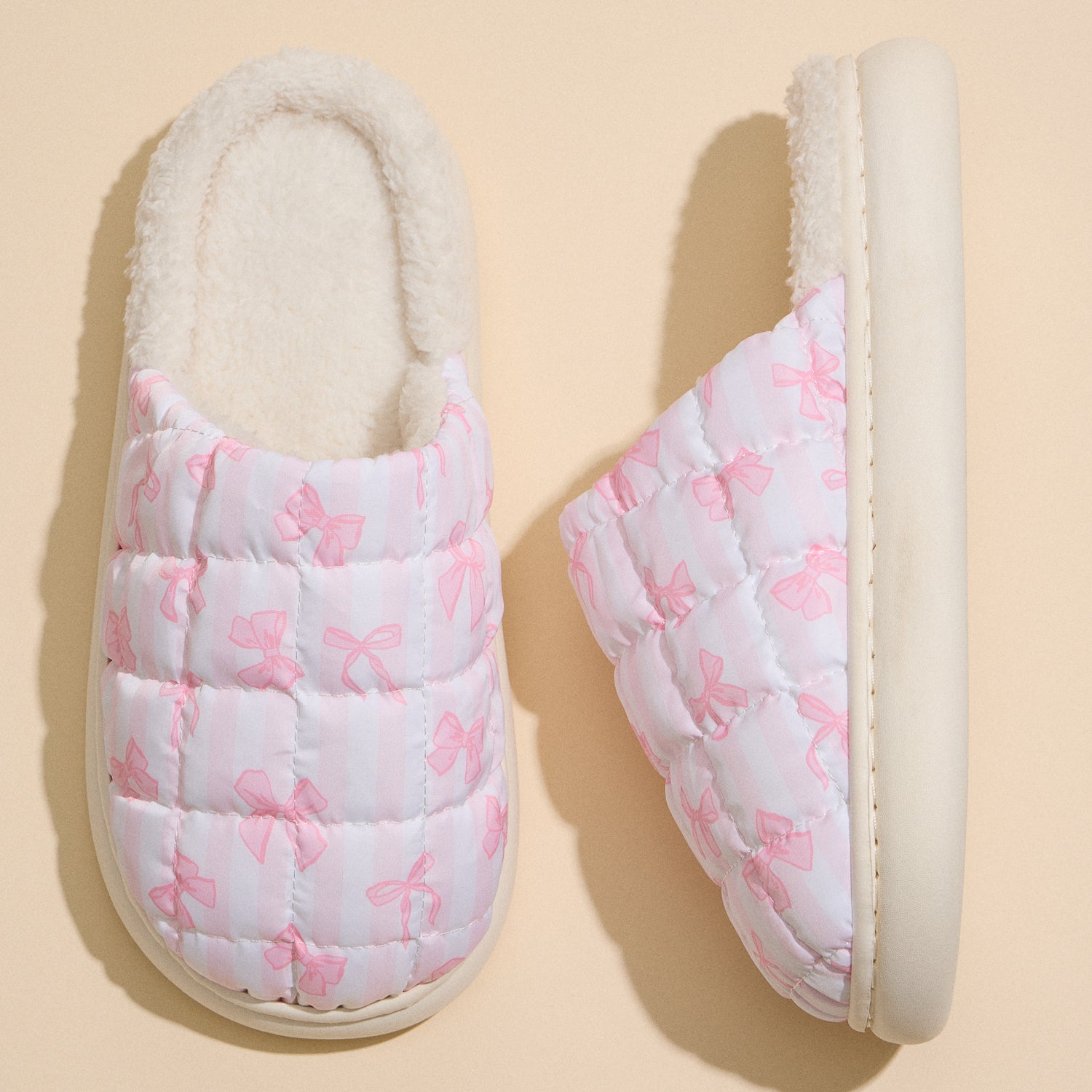 Soft Quilted Indoor Slippers with Pink Bow Pattern