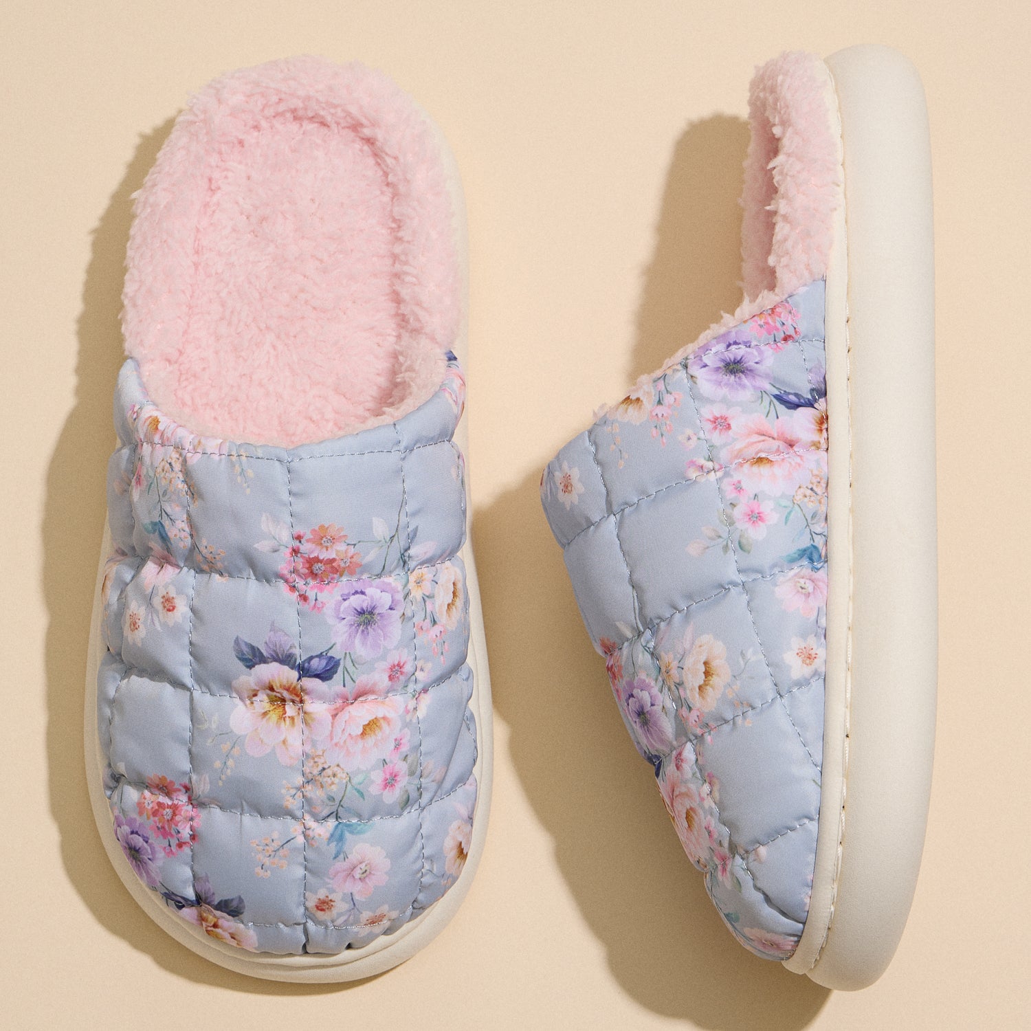Floral Quilted Indoor Slippers with Soft Pink Lining