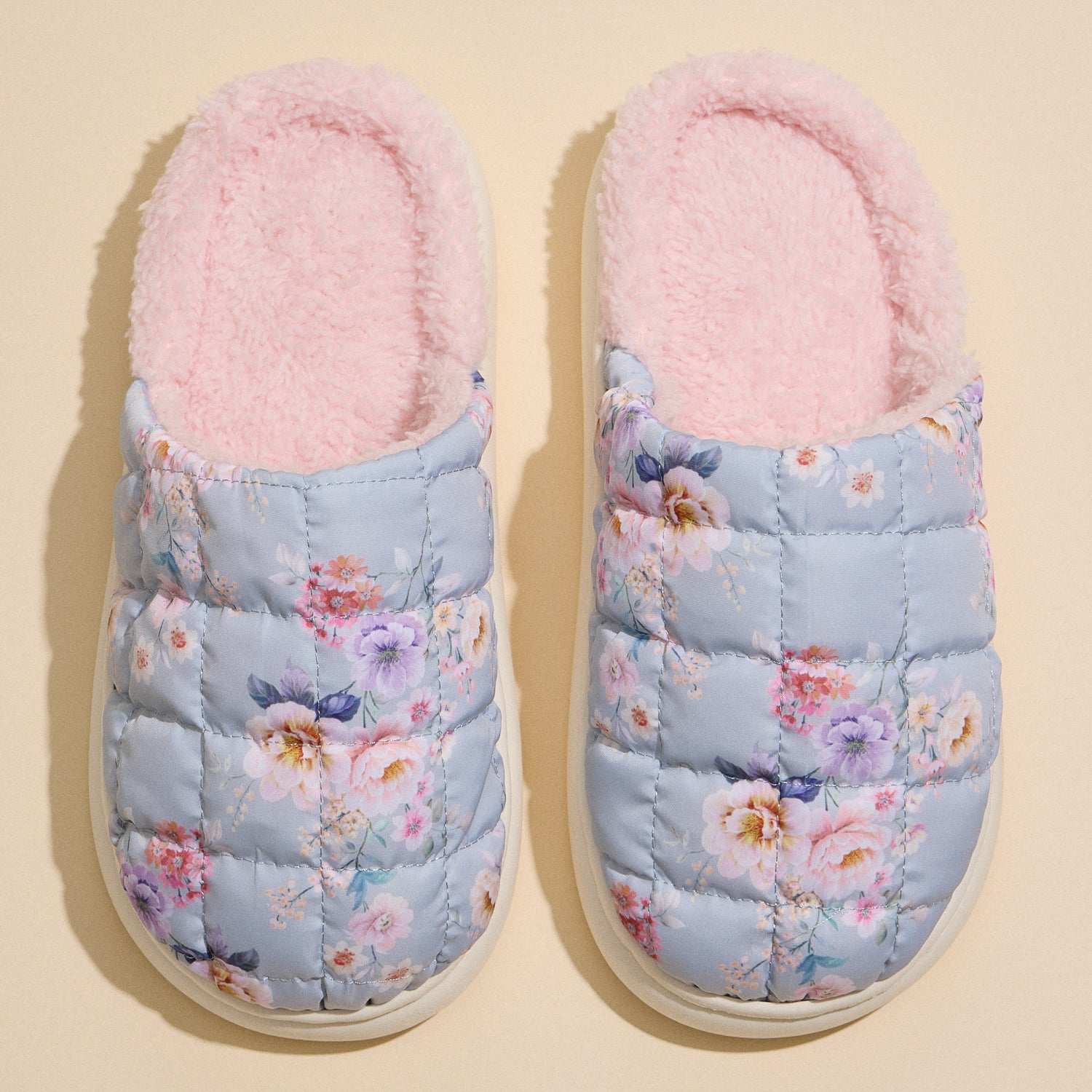 Floral Quilted Indoor Slippers with Soft Pink Lining