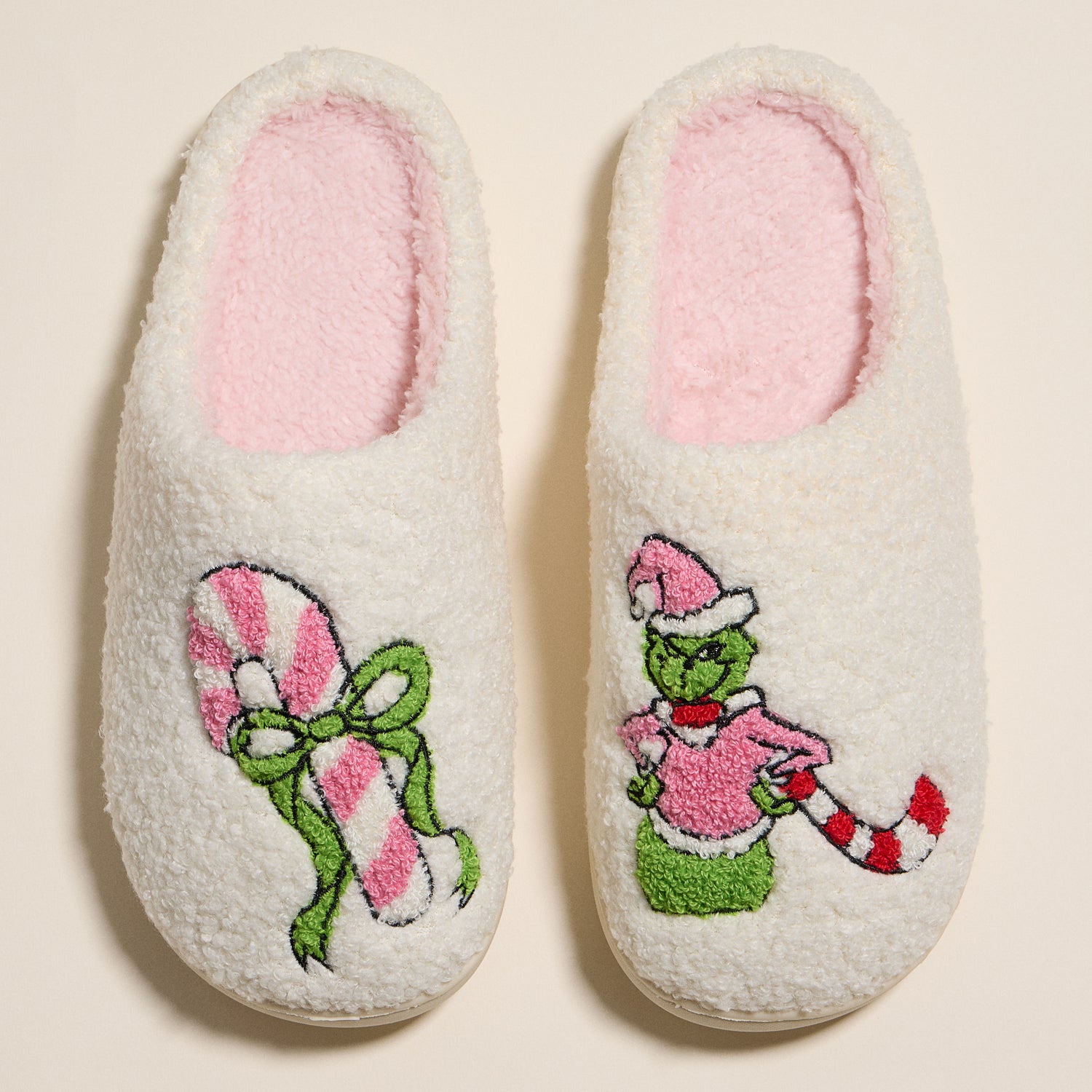 Whimsical Green Monster Slippers with Candy Cane Embroidery