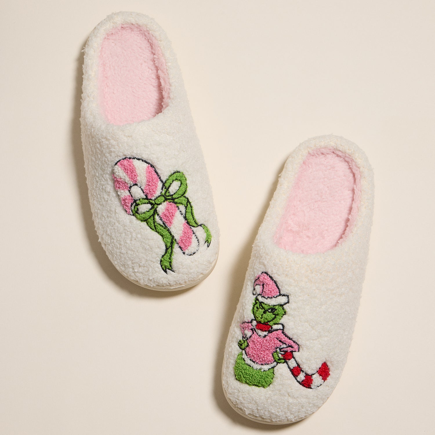 Whimsical Green Monster Slippers with Candy Cane Embroidery