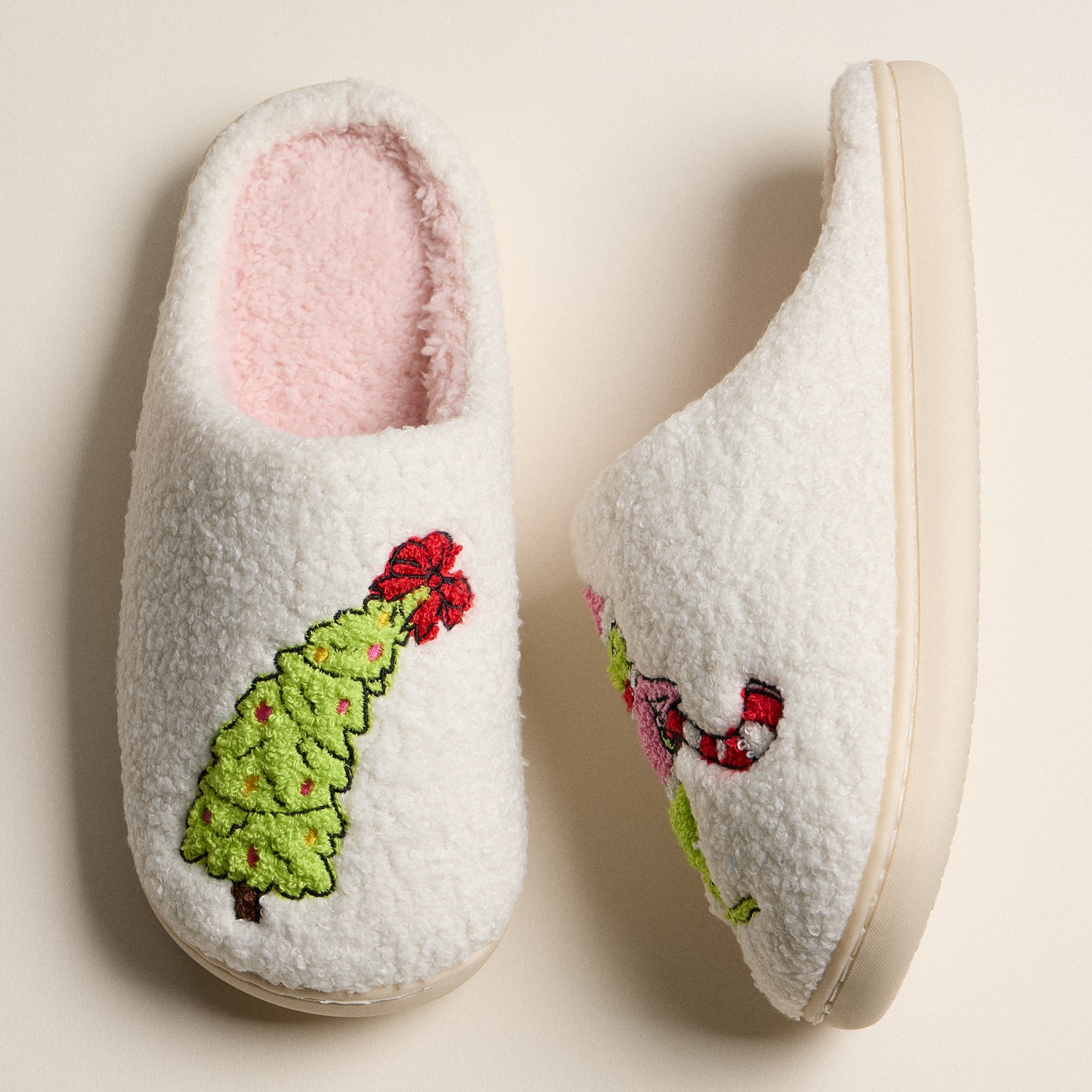 Whimsical Green Monster Tree Embroidered Holiday Slippers