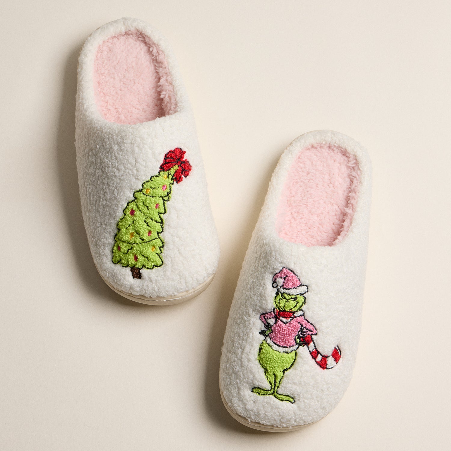 Whimsical Green Monster Tree Embroidered Holiday Slippers