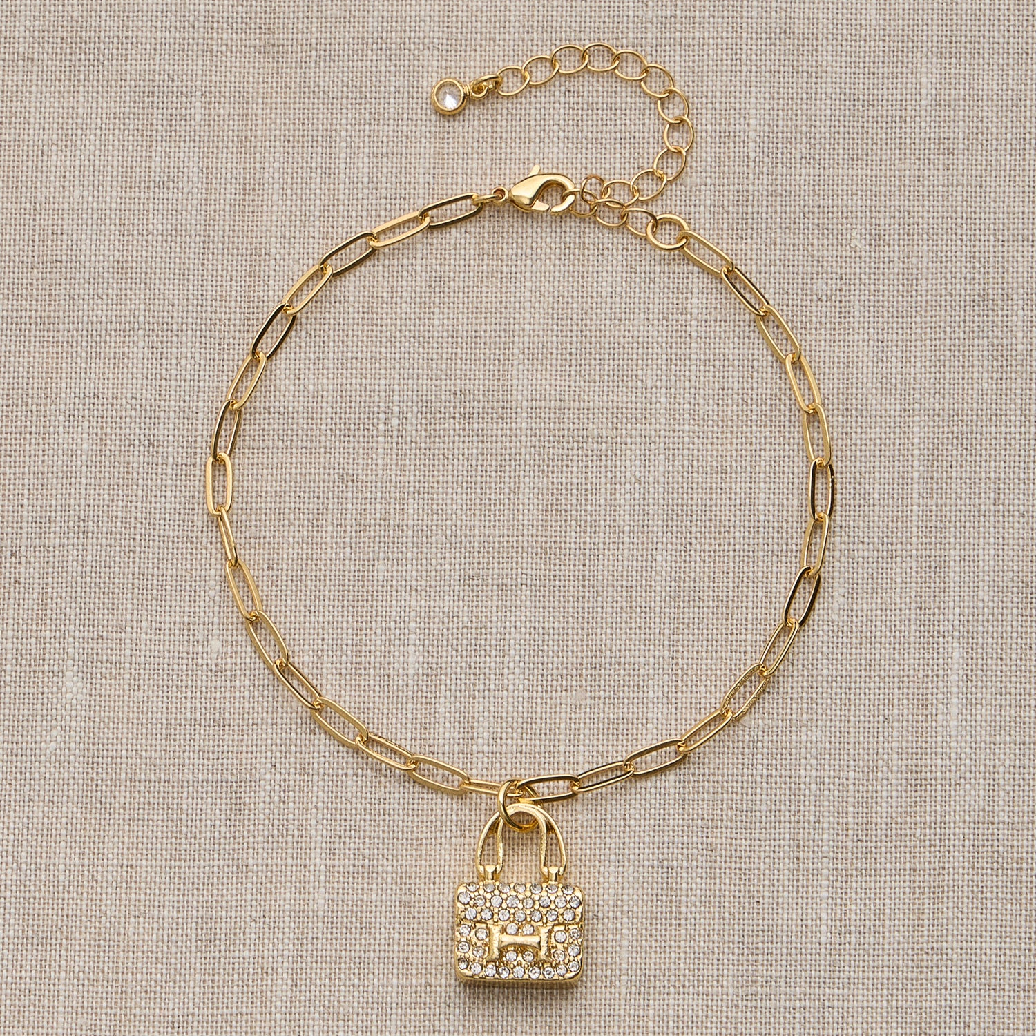Gold Chain Bracelet with Crystal Handbag Charm – Adjustable Fit
