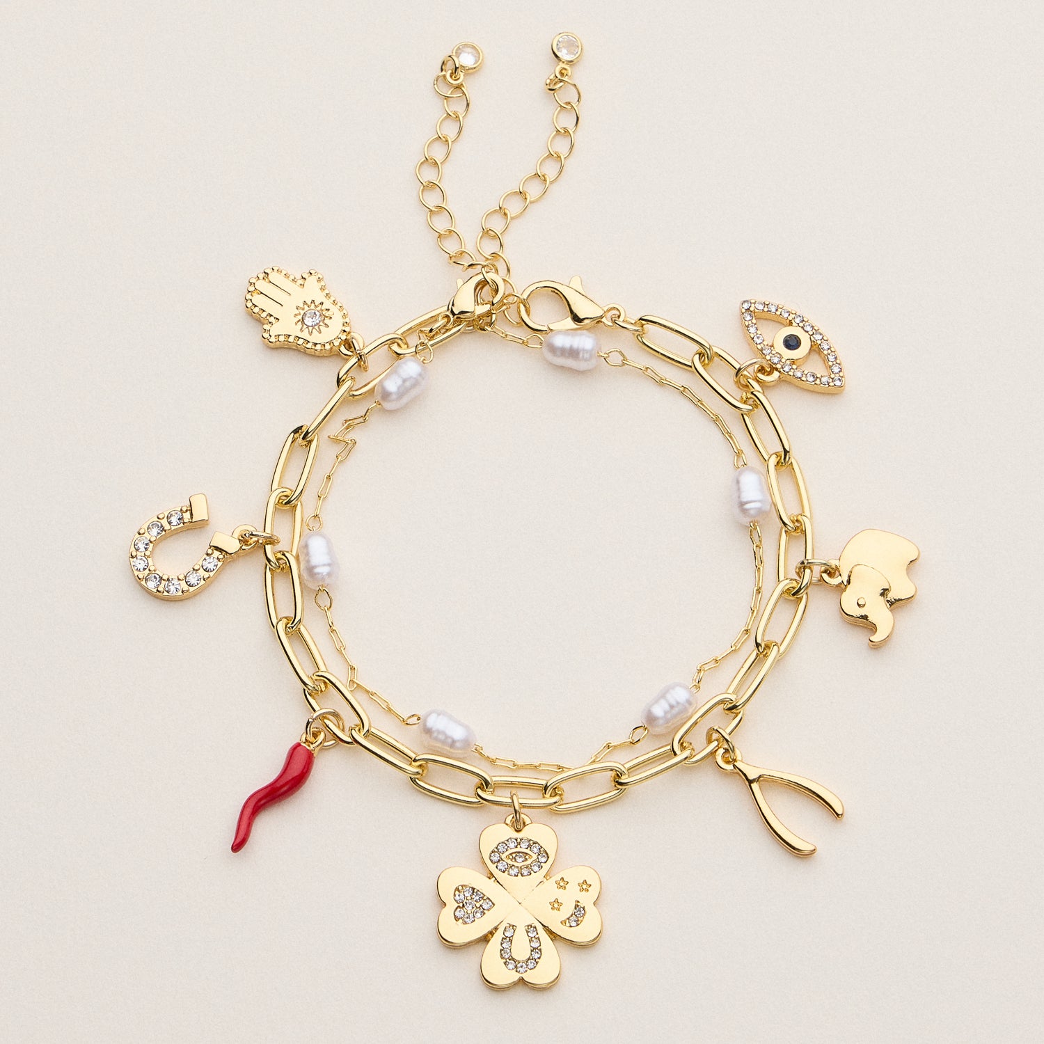 Elegant Charm Bracelet with Pearls and Crystal Details