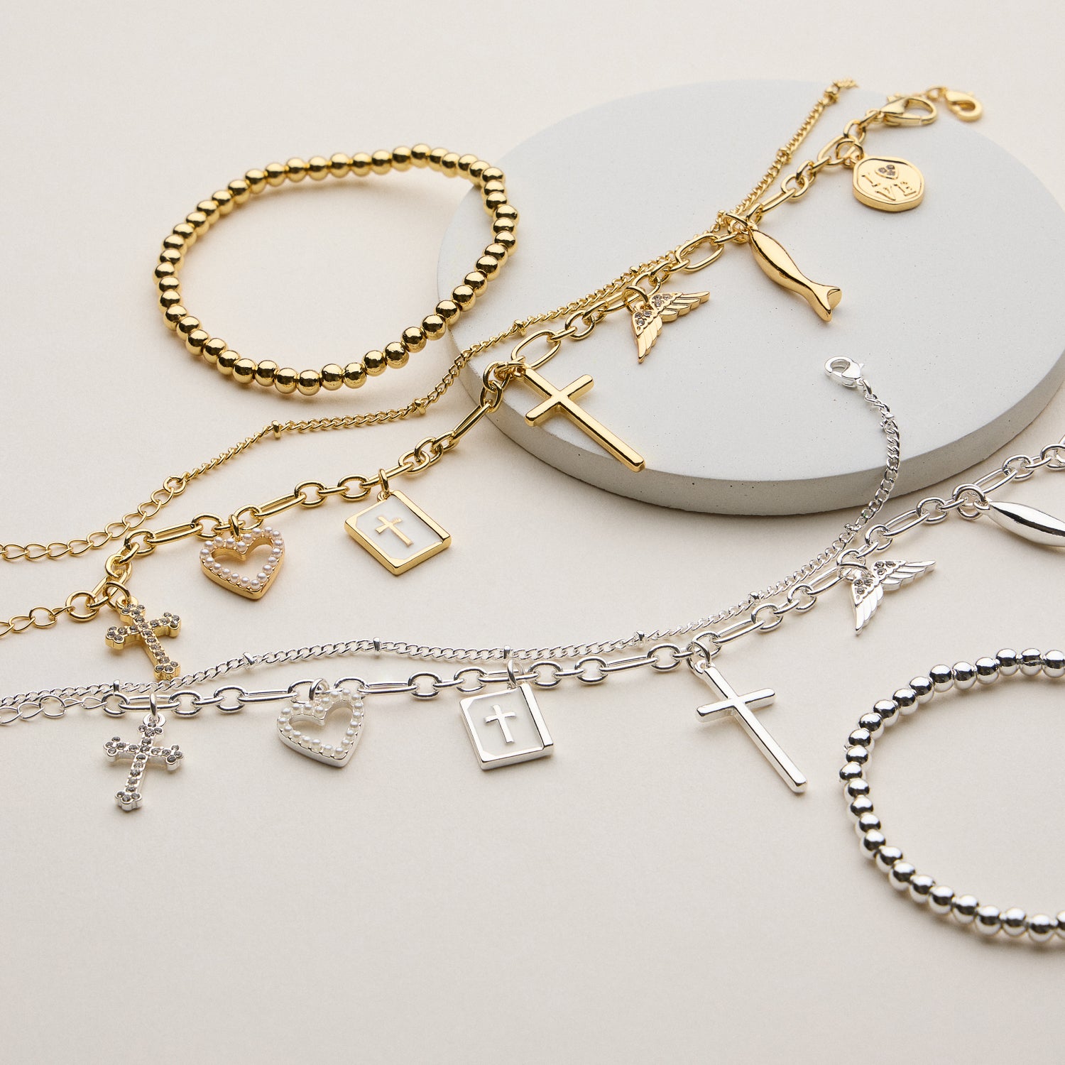 Adjustable Faith Charm Bracelet Stack with Cross and Heart