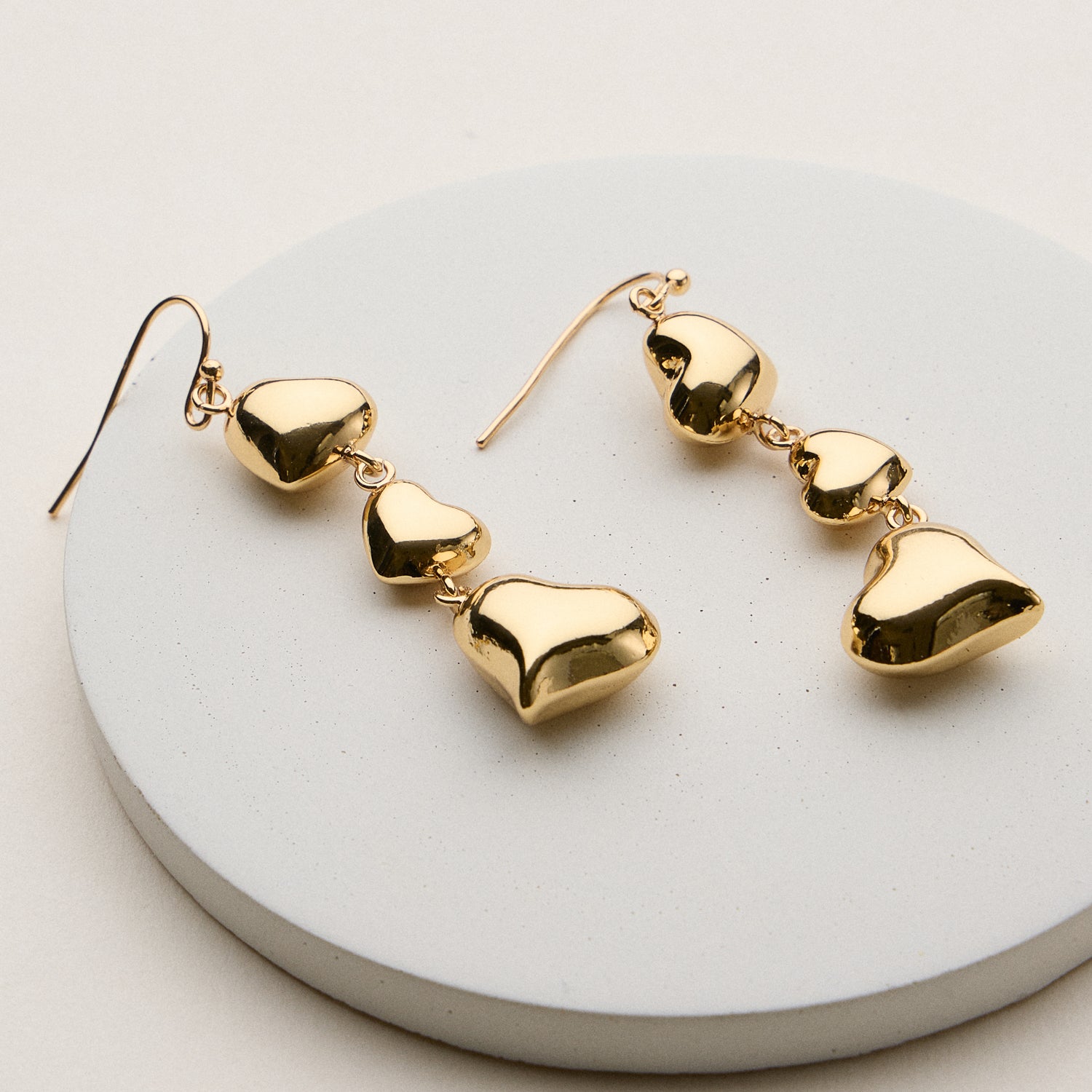 Gold Plated Triple Heart Drop Earrings - 18K Gold Plated