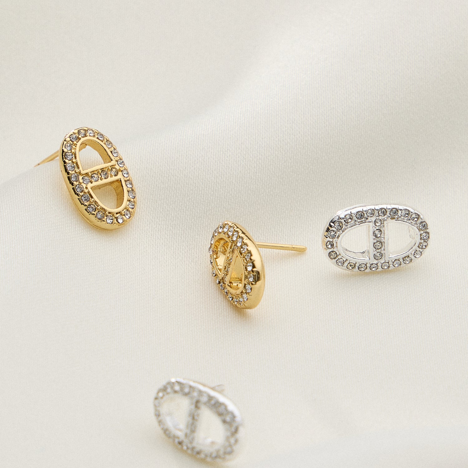 Gold Dipped Pave Oval Link Studs - 18K Gold CZ
