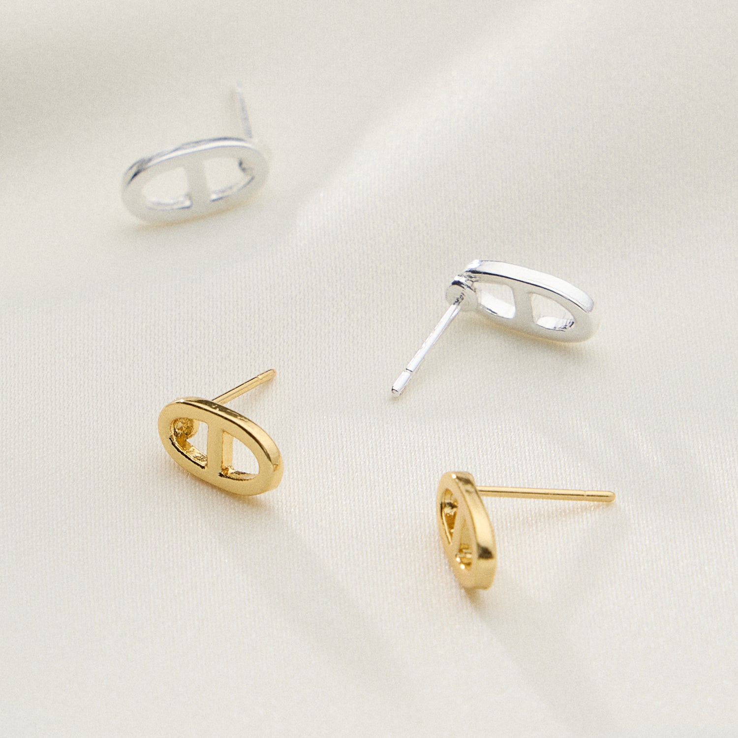 Gold Dipped Pave Oval Link Studs - 18K Gold Plated