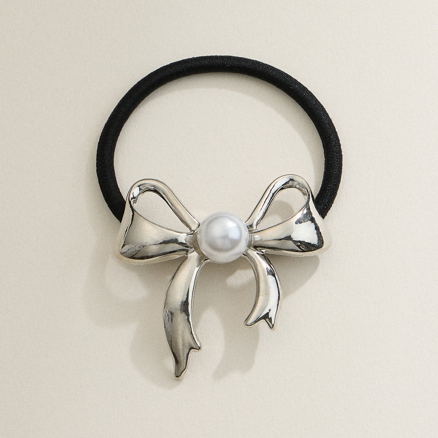 Pearl-Accented Metal Bow Hair Tie