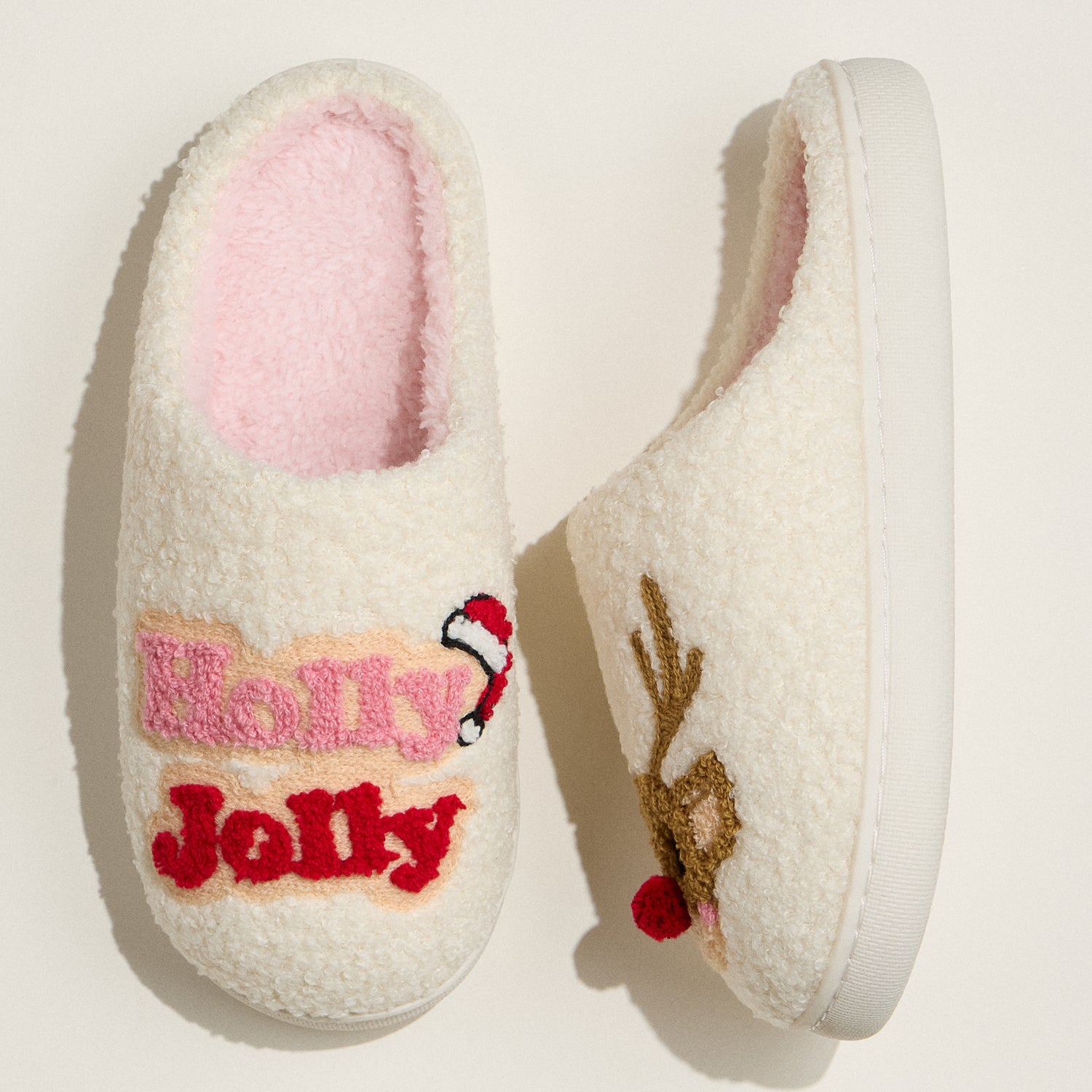 Festive Reindeer Slippers with Holly Embroidery