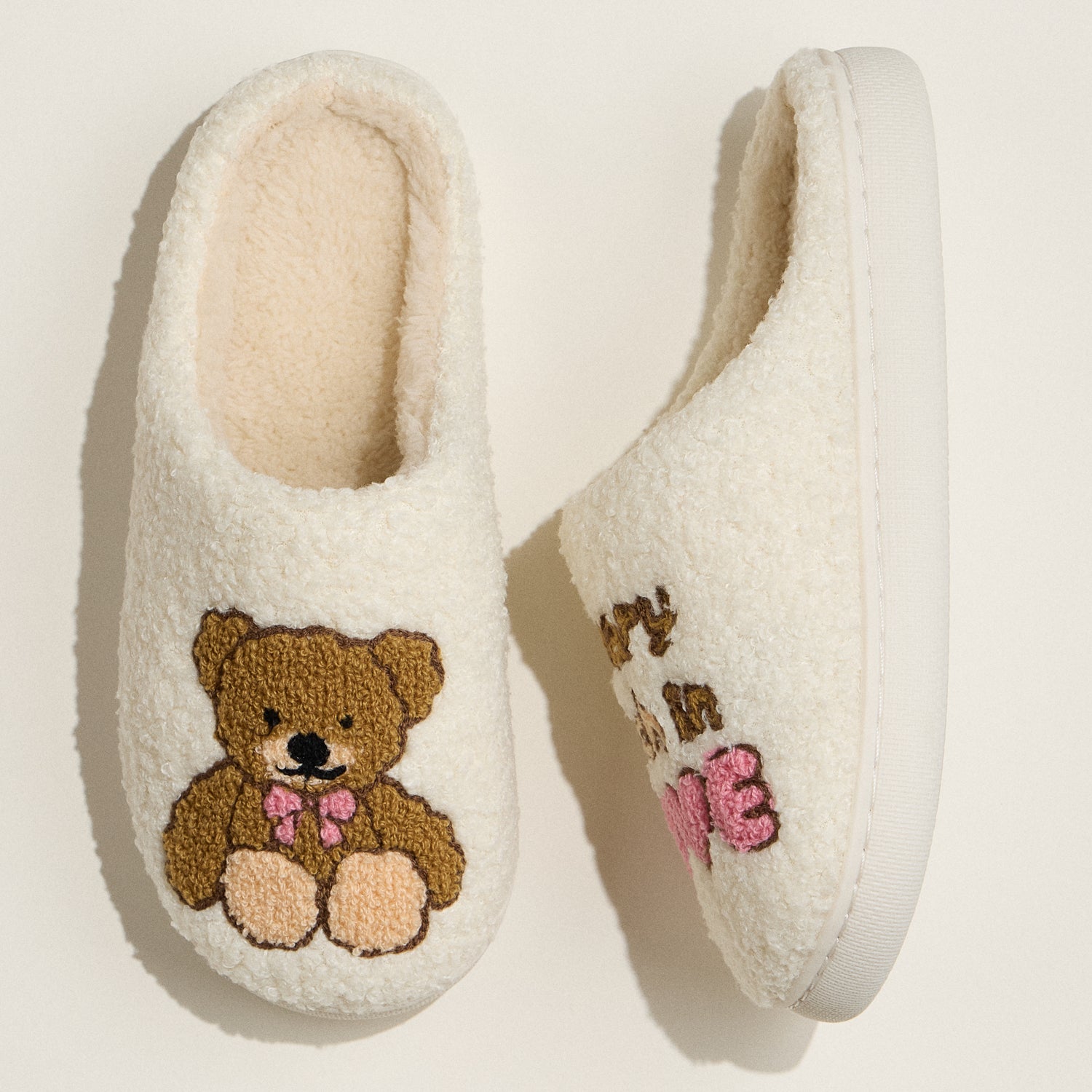 Teddy Bear Plush Slippers with Embroidered “In Love” Design