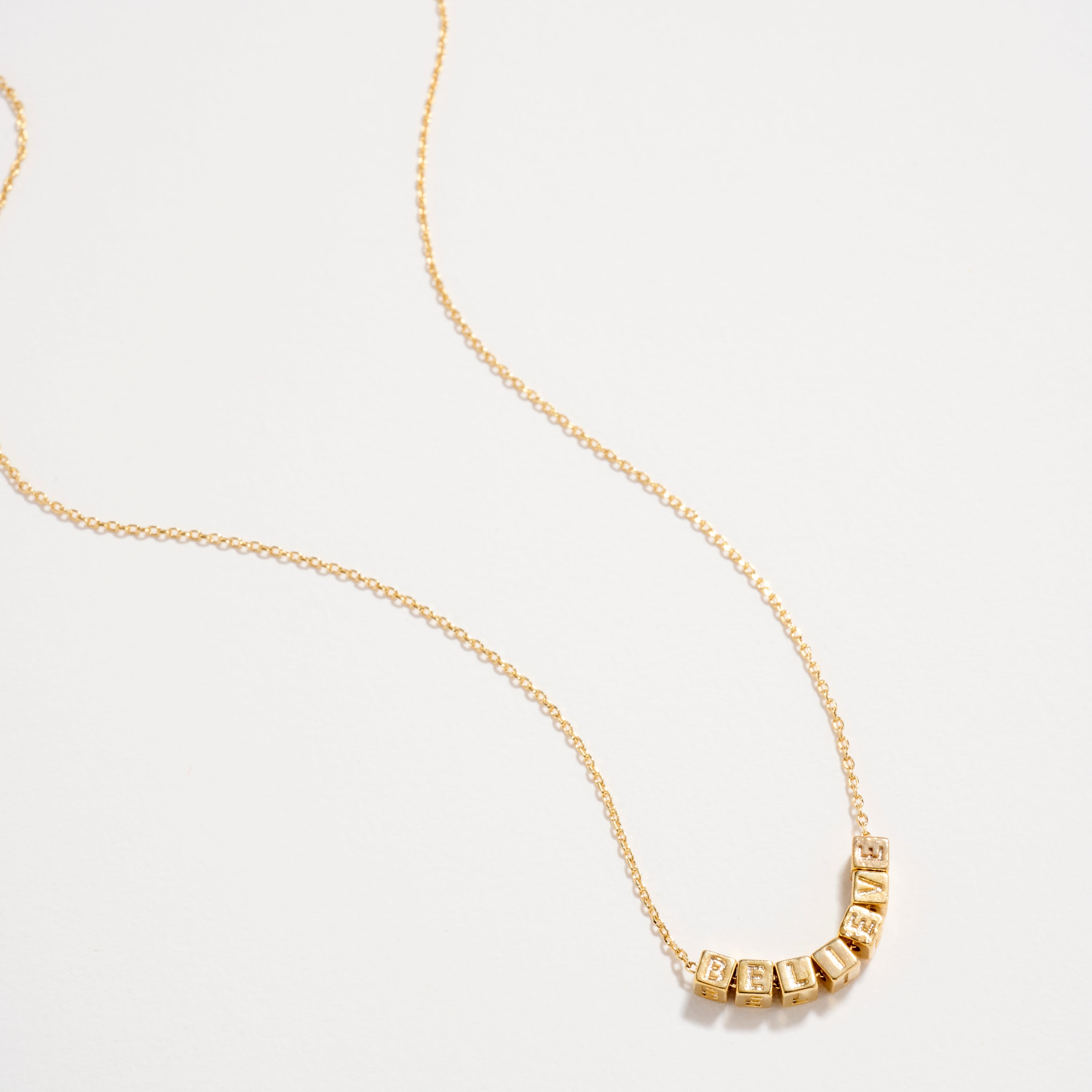 Gold Dipped “Believe” Cube Letter Necklace – 18K Gold Dipped Inspirational Word Necklace, Adjustable Dainty Chain