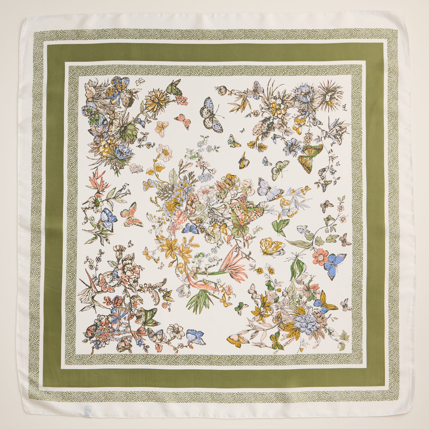 Floral Butterfly Print Scarf – Silk Texture Square Scarf for Elegant Styling