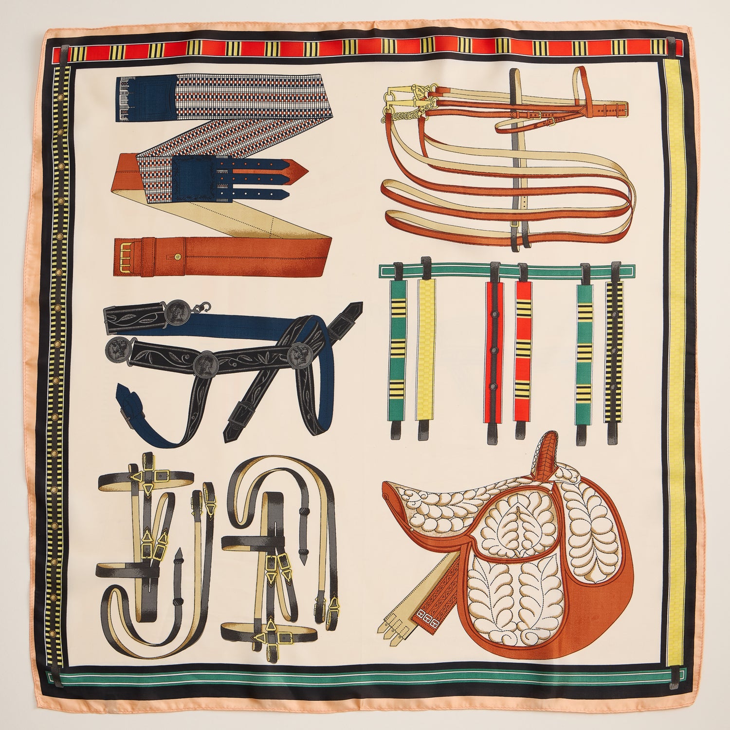 Equestrian Print Scarf – Silk Texture Square Scarf with Vintage Saddle & Tack Design