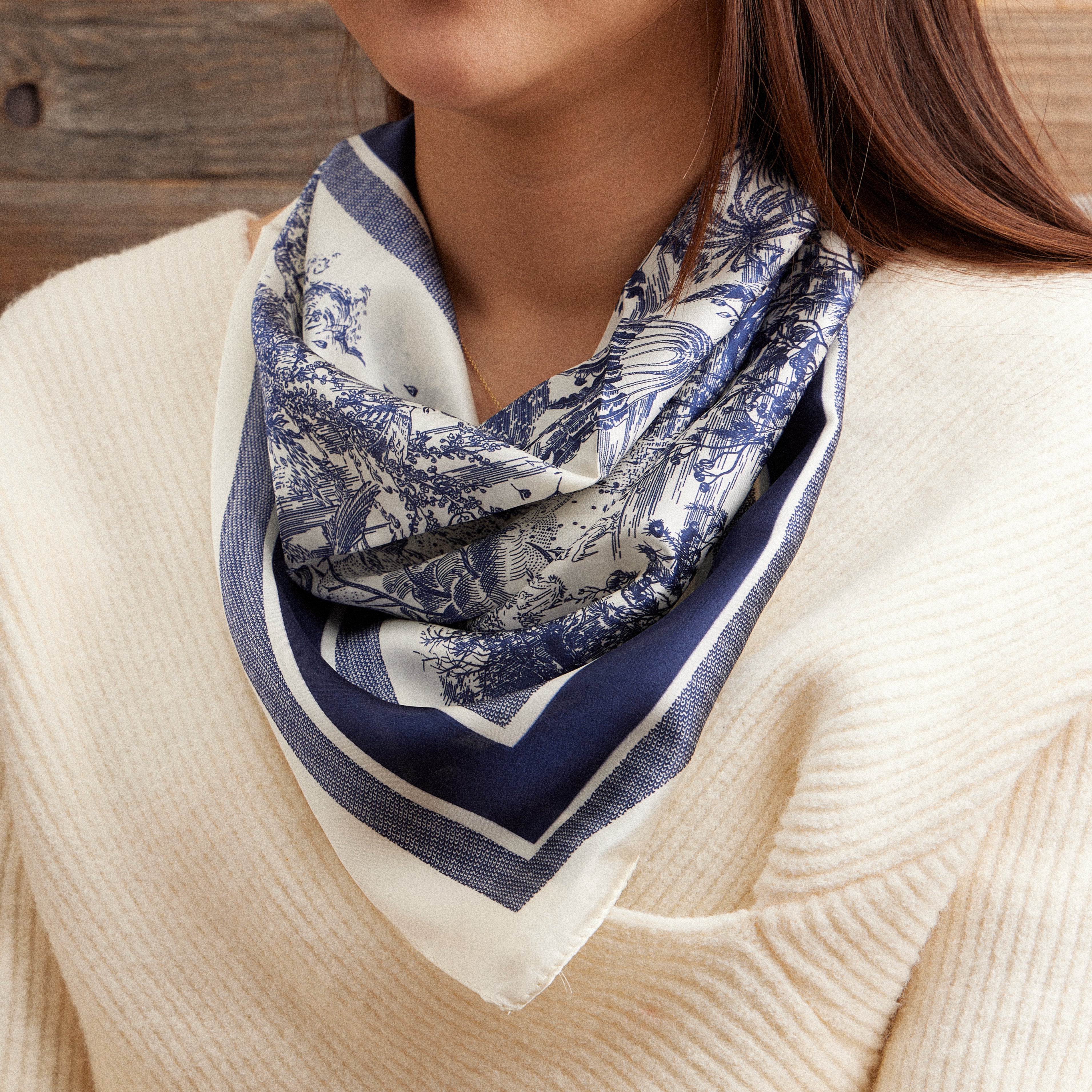 Elegant Toile Print Scarf – Vintage-Inspired Square Scarf with Silk Texture