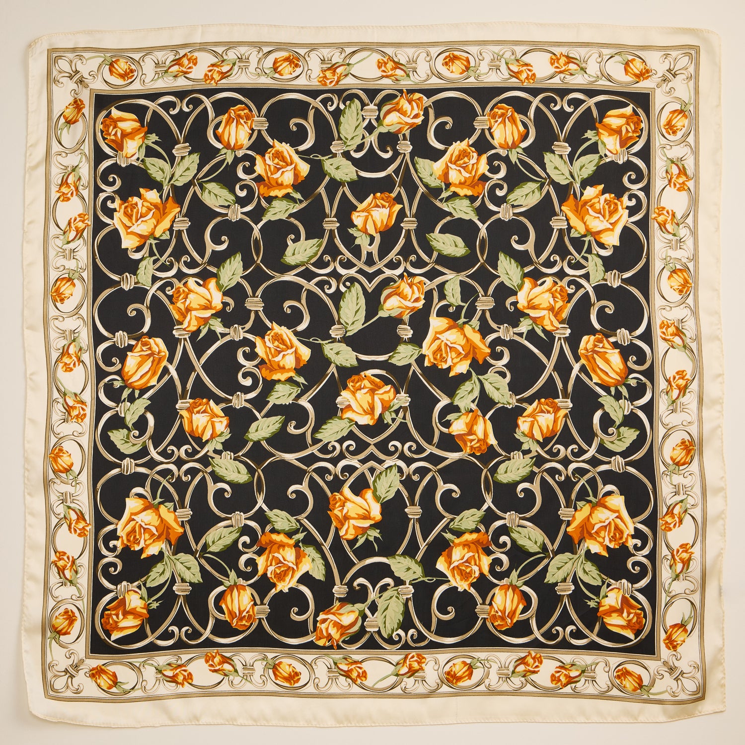 Baroque Rose Print Scarf – Elegant Floral Silk-Feel Square Scarf