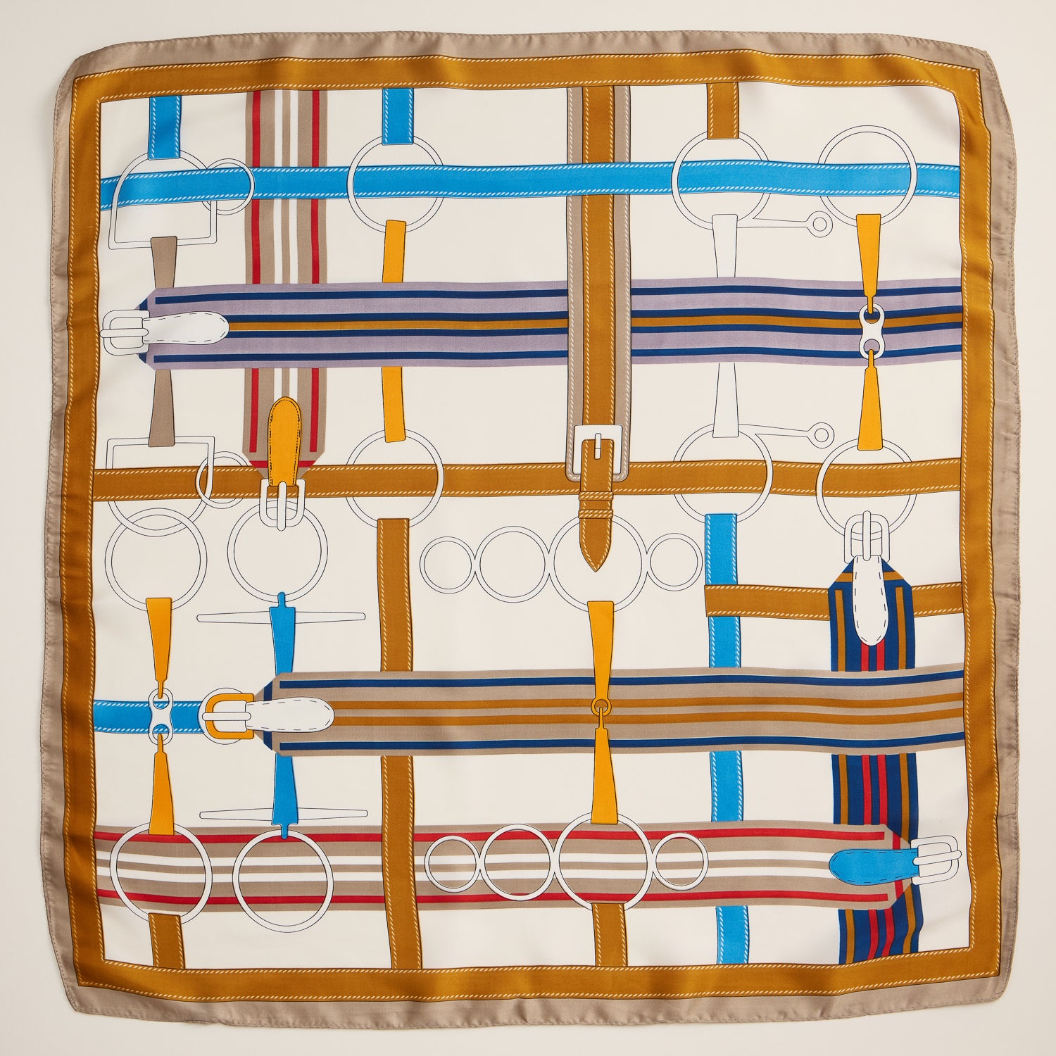 Equestrian-Inspired Scarf – Elegant Silk-Feel Square Scarf with Belt & Bridle Print