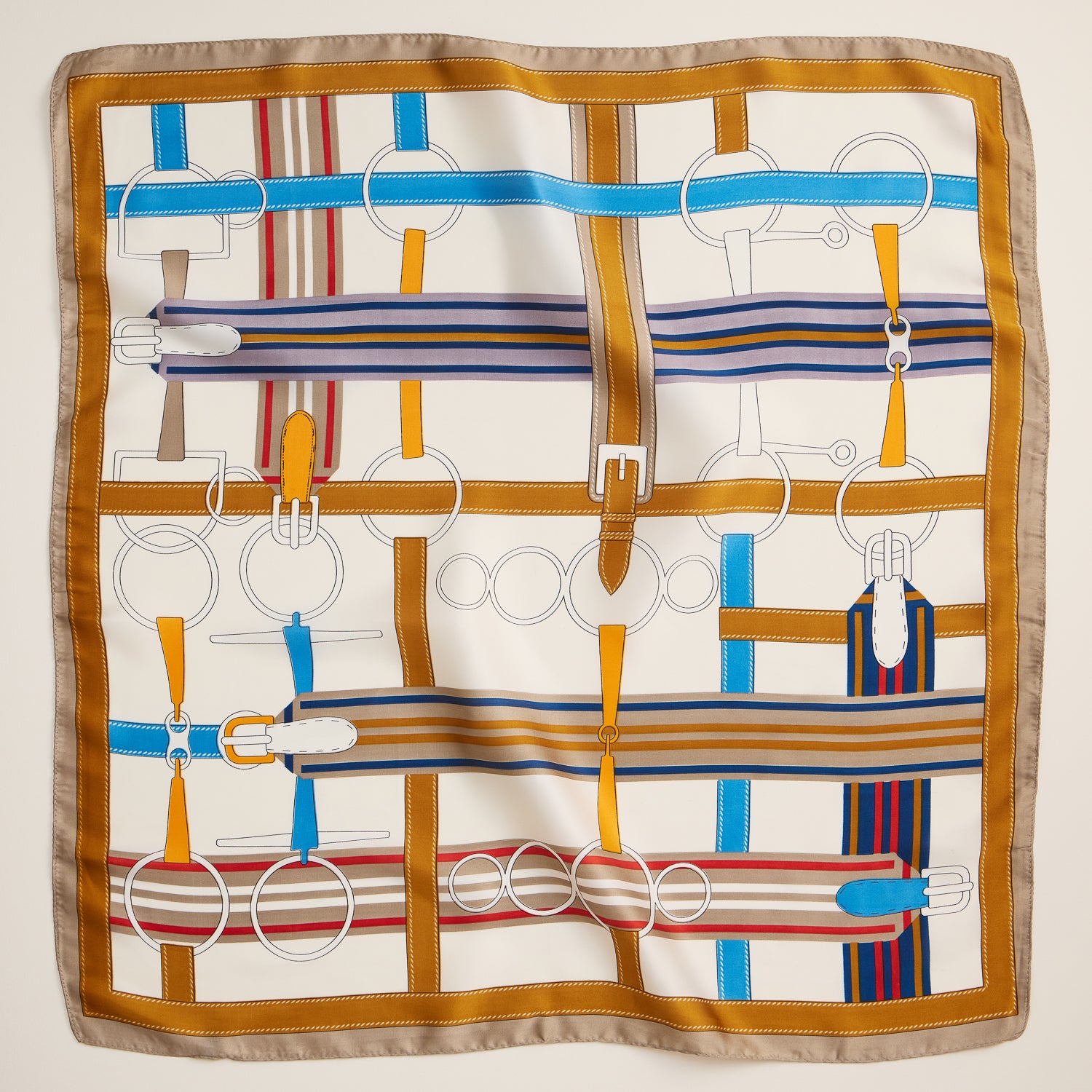 Equestrian-Inspired Scarf – Elegant Silk-Feel Square Scarf with Belt & Bridle Print