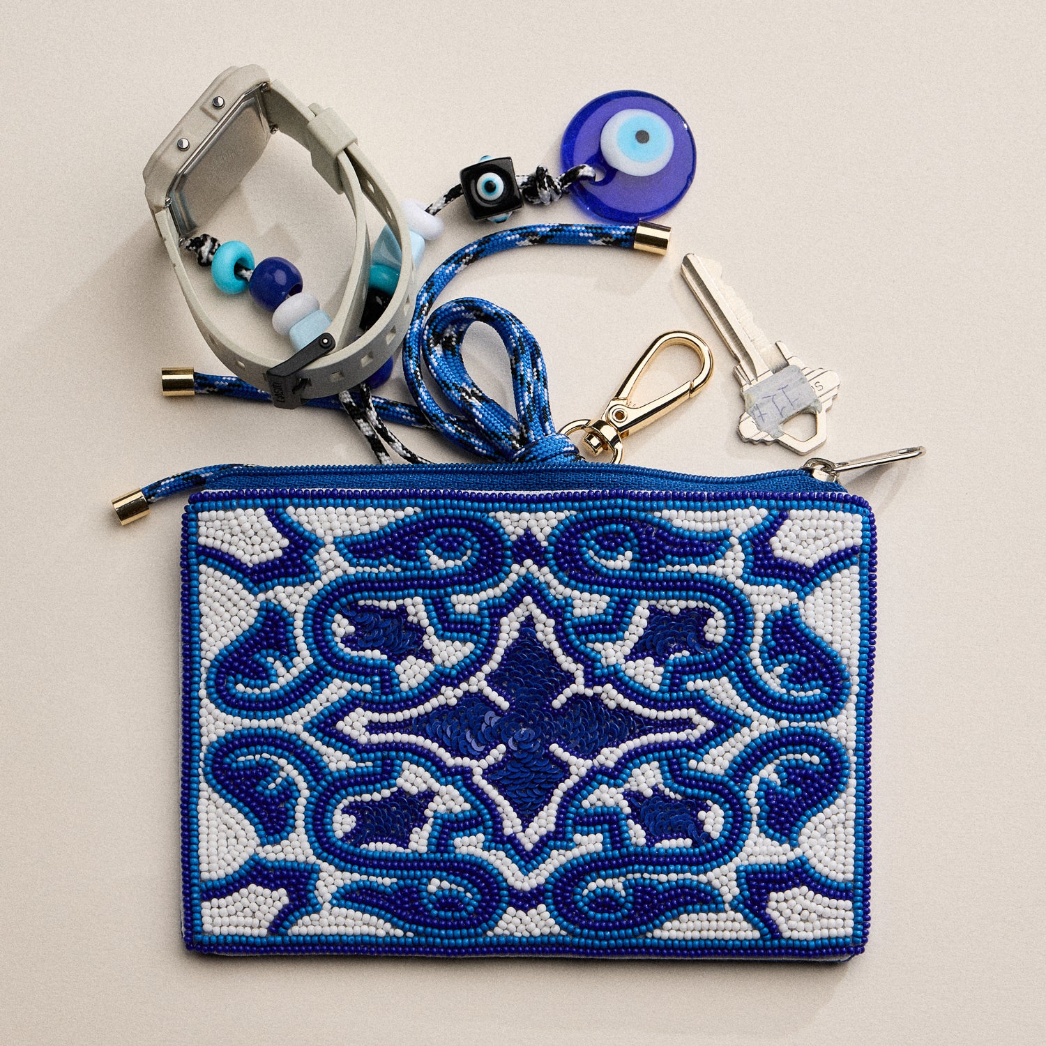Hand-Beaded Blue Mosaic Pattern Zipper Pouch