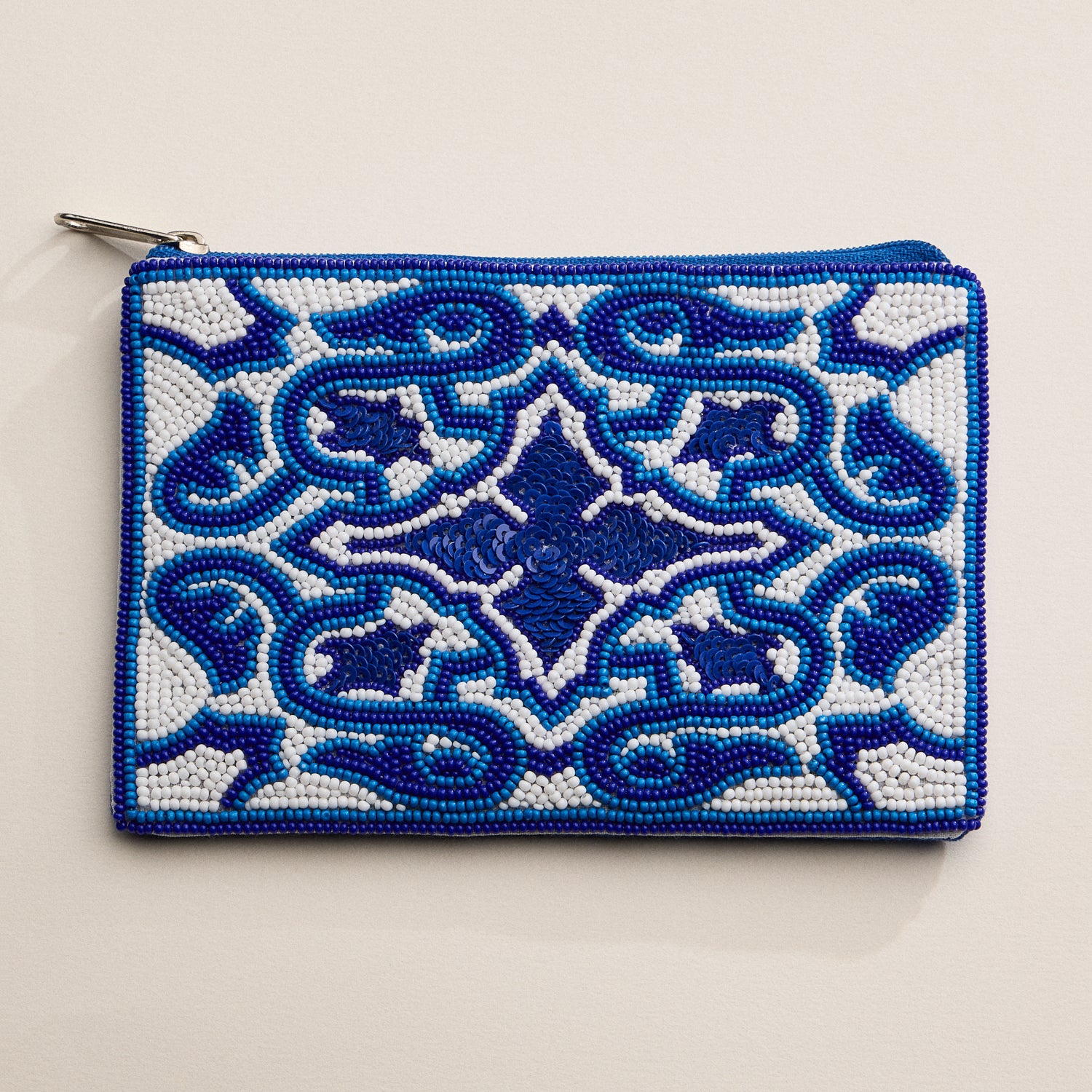 Hand-Beaded Blue Mosaic Pattern Zipper Pouch