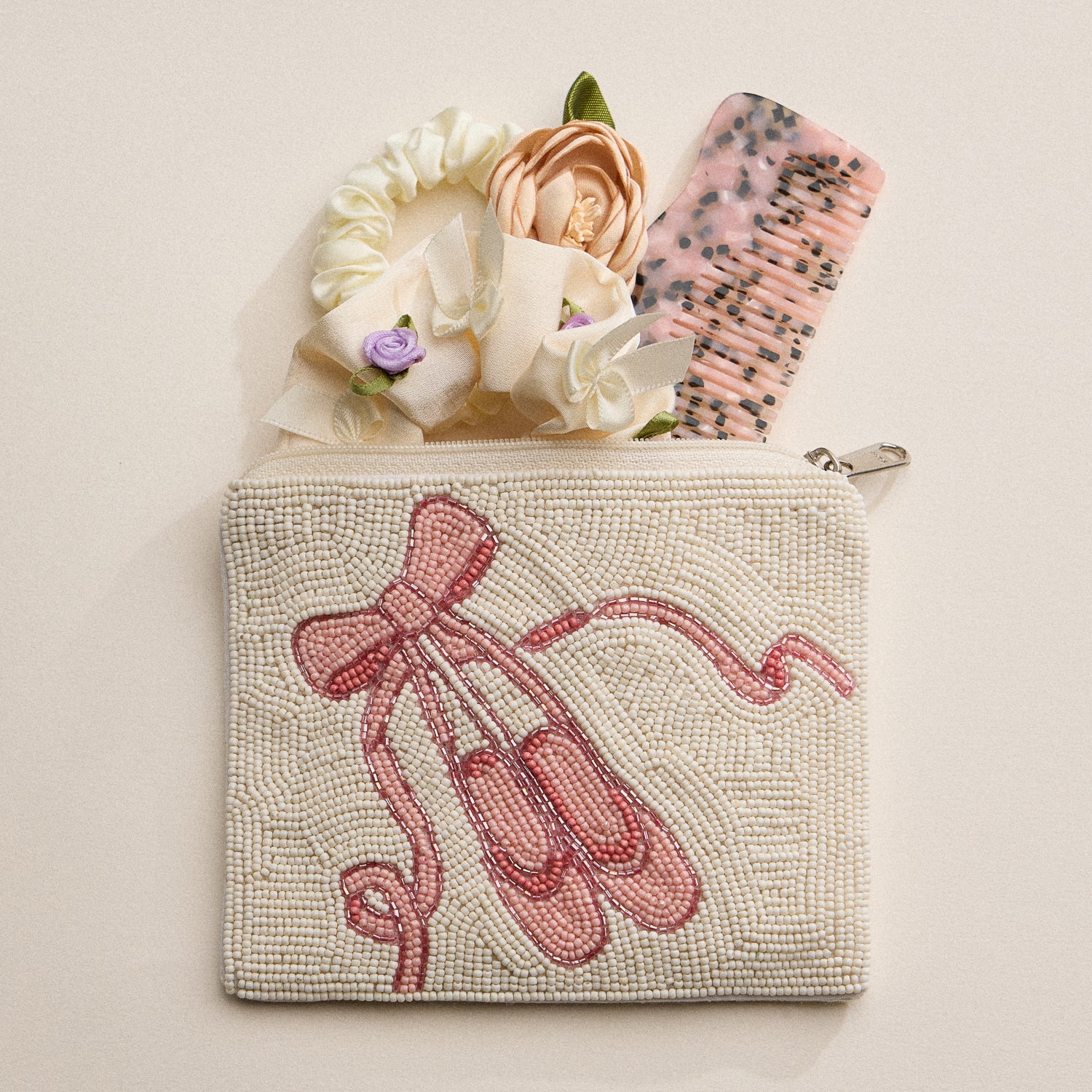 Pink Ballet Beaded Zipper Pouch