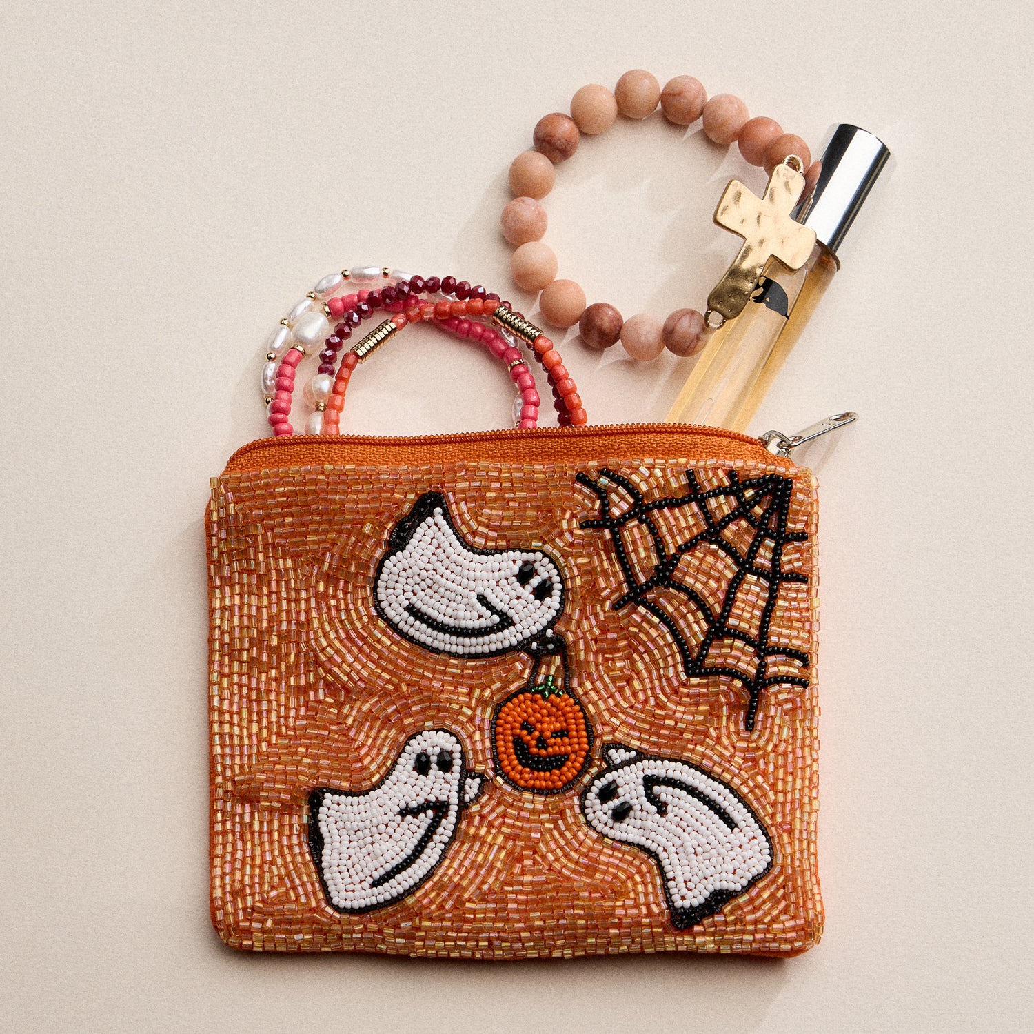 Beaded Halloween Ghost Zipper Pouch