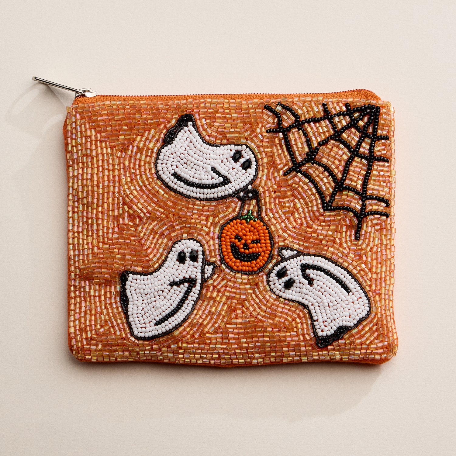 Hand-Beaded Ivory Ghost Pouch – Elegant Halloween Zipper Clutch