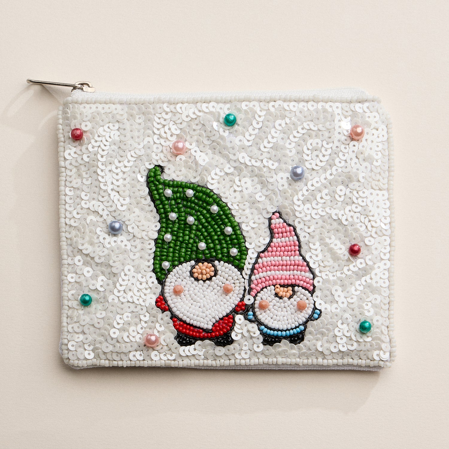 Hand-Beaded Festive Gnome Holiday Pouch