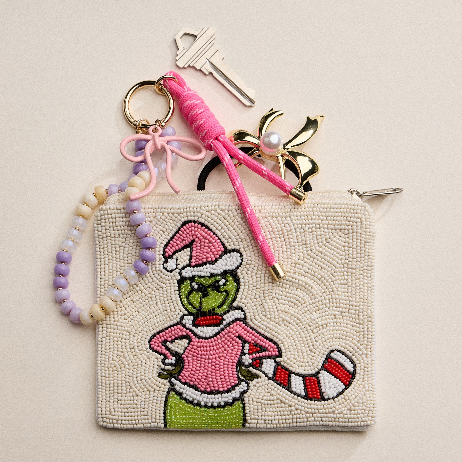 Festive Hand-Beaded Green Monster Holiday Pouch