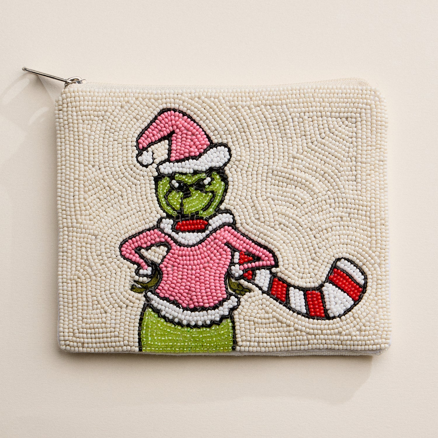 Festive Hand-Beaded Green Monster Holiday Pouch
