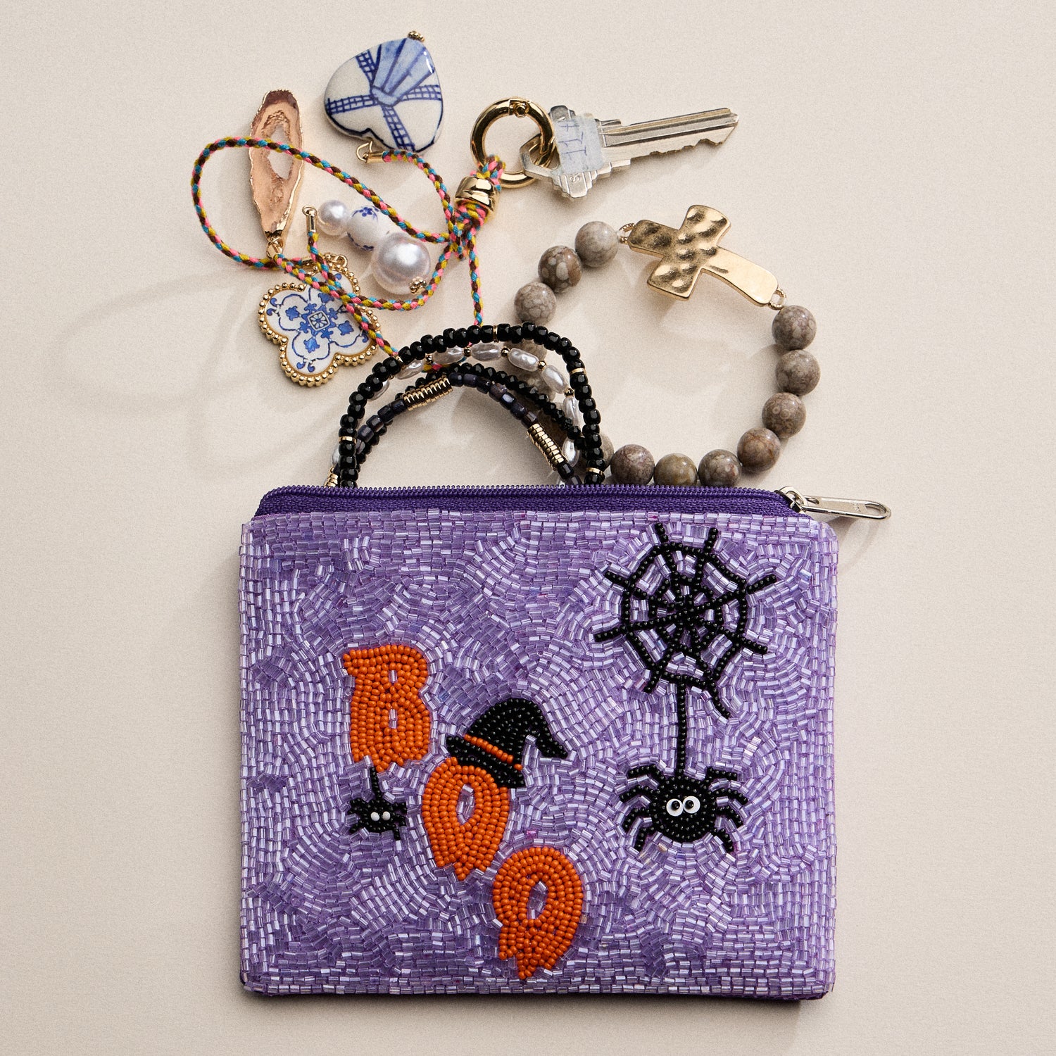 Beaded Halloween Boo Spider Zipper Pouch